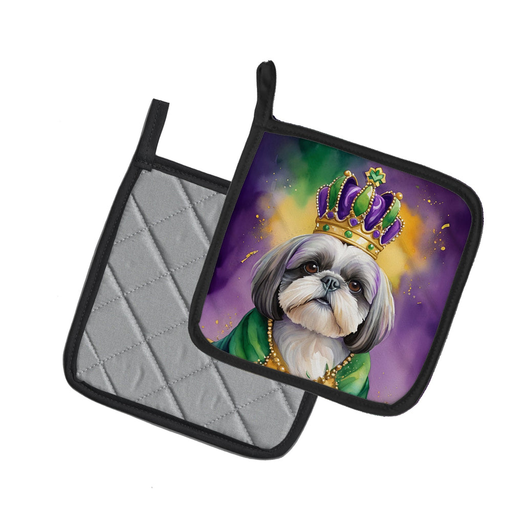 Shih Tzu King of Mardi Gras Pot Holder Set of 2 Heat Resistant Quilted Hot Pads 7.5 x 7.5 Inch, Insulated Kitchen Trivets for Cooking & Baking