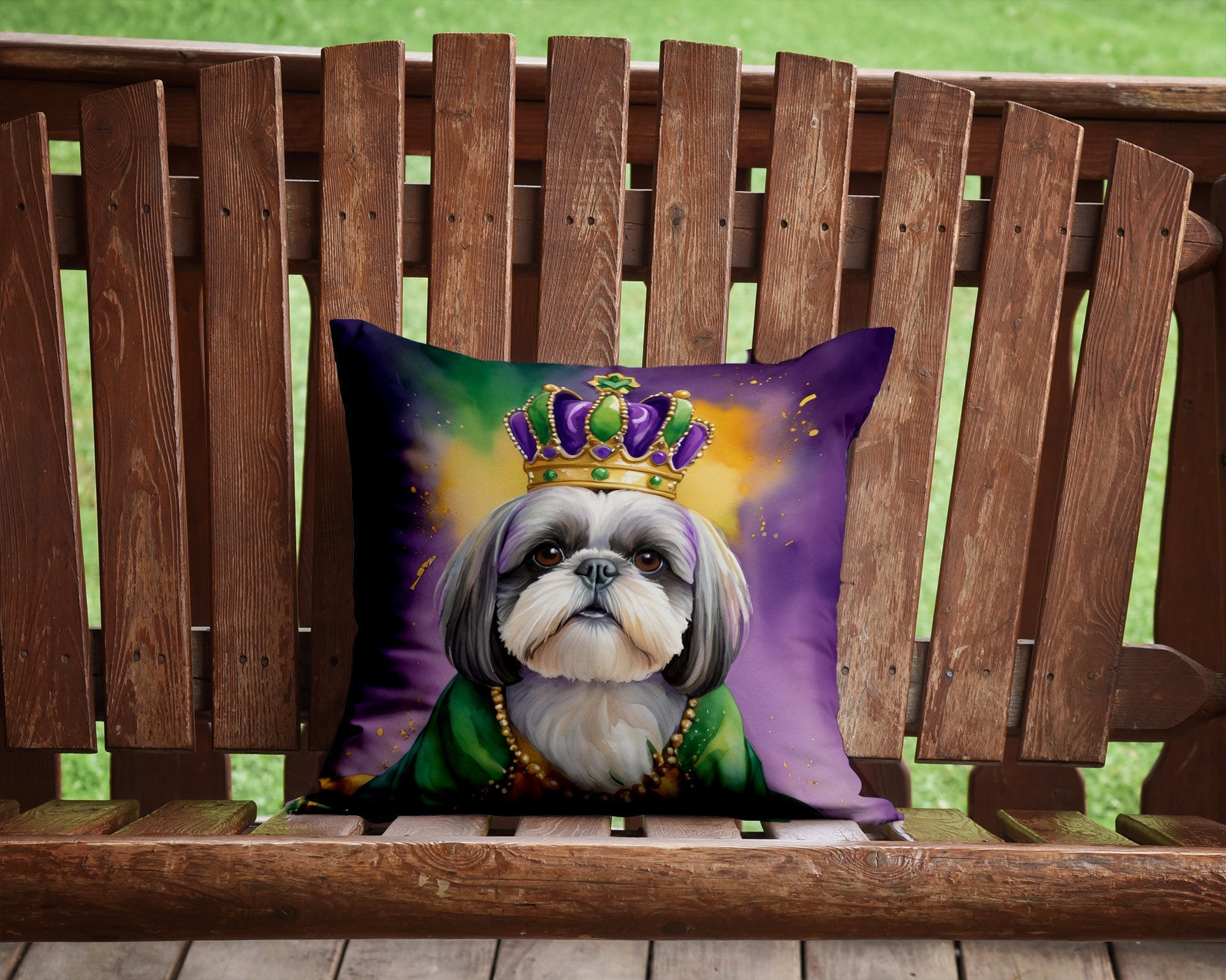 Shih Tzu King of Mardi Gras Decorative Throw Pillow 14x14 Indoor Outdoor Accent Cushion, Fabric Cover with Insert for Sofa, Bed, Porch & Living Room