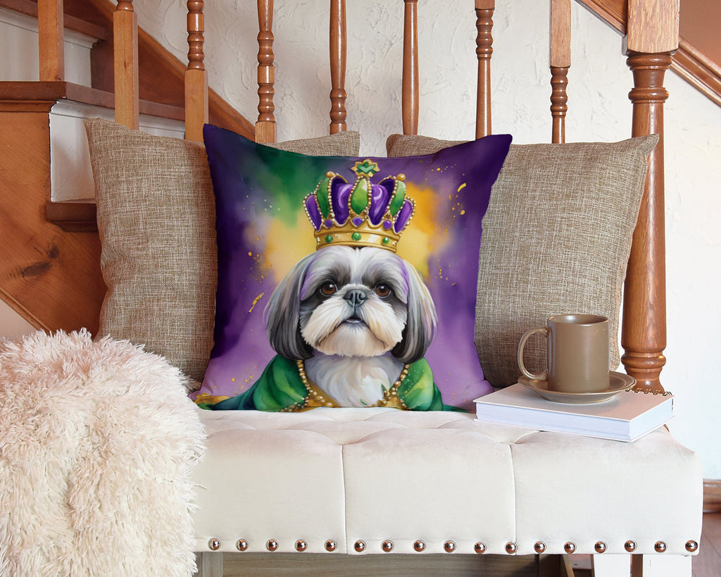 Shih Tzu King of Mardi Gras Decorative Throw Pillow 14x14 Indoor Outdoor Accent Cushion, Fabric Cover with Insert for Sofa, Bed, Porch & Living Room