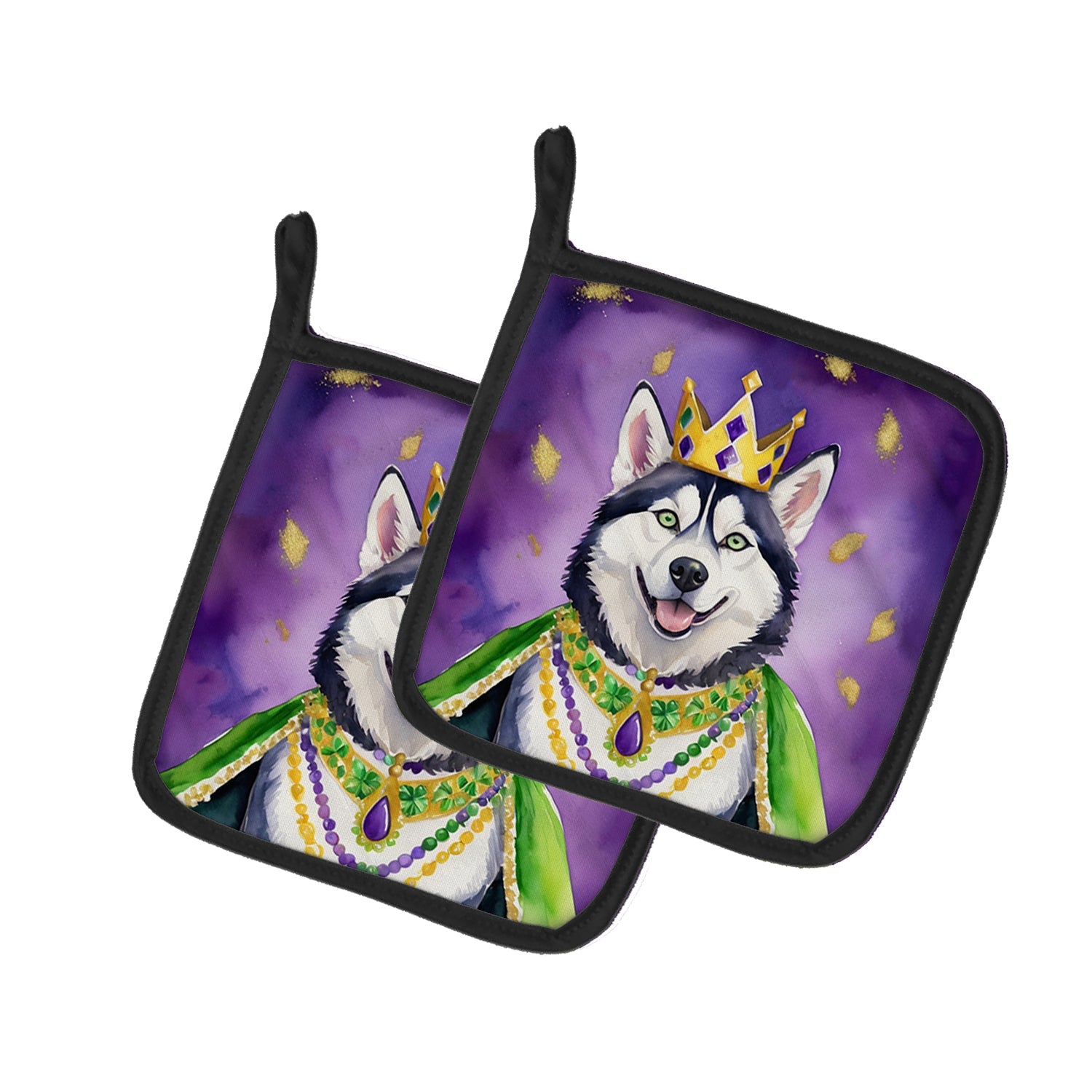 Siberian Husky King of Mardi Gras Pot Holder Set of 2 Heat Resistant Quilted Hot Pads 7.5 x 7.5 Inch, Insulated Kitchen Trivets for Cooking & Baking
