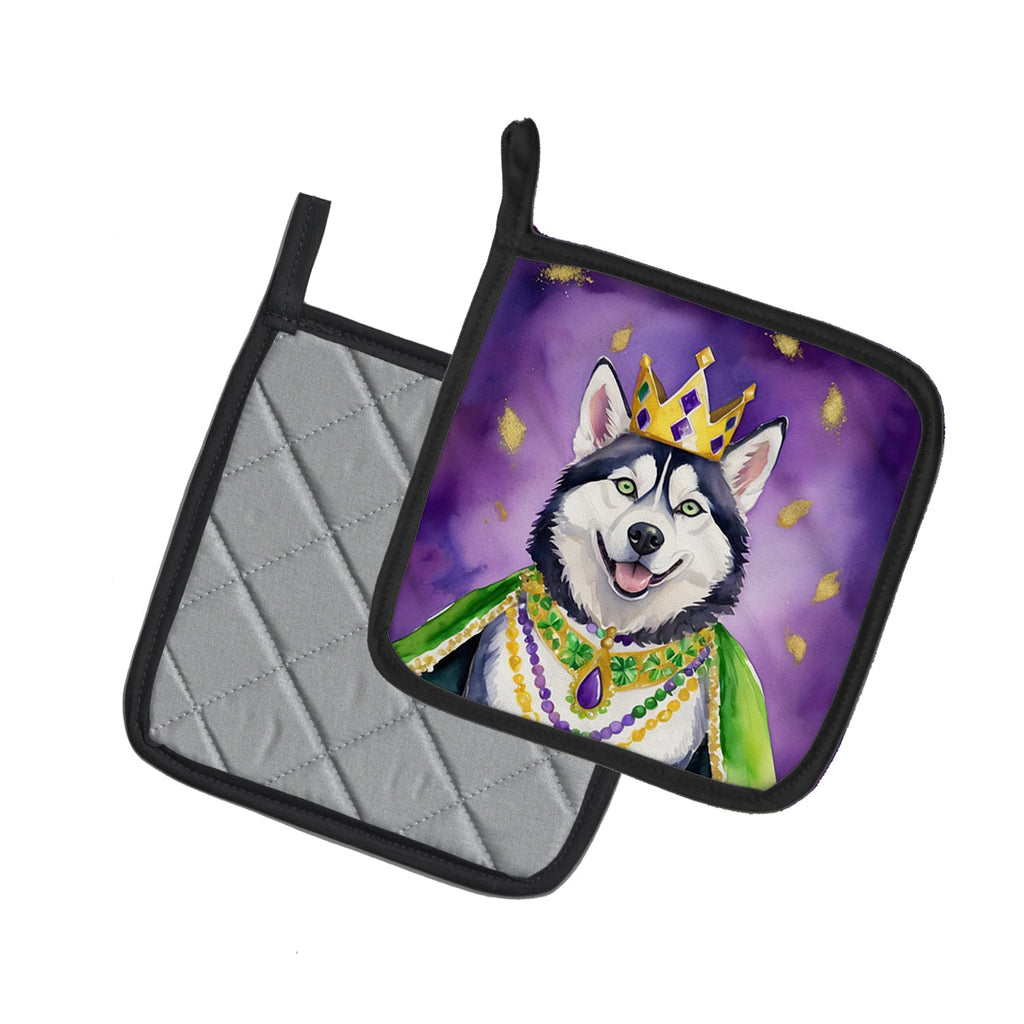 Siberian Husky King of Mardi Gras Pot Holder Set of 2 Heat Resistant Quilted Hot Pads 7.5 x 7.5 Inch, Insulated Kitchen Trivets for Cooking & Baking