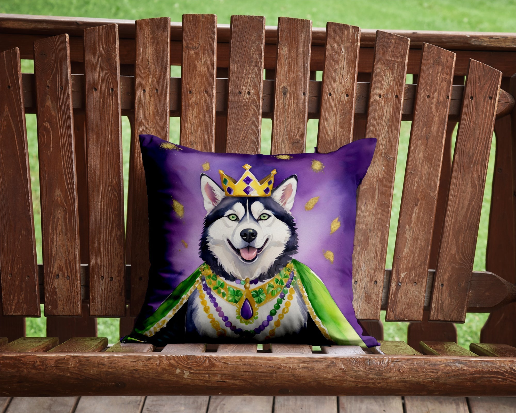 Siberian Husky King of Mardi Gras Decorative Throw Pillow 14x14 Indoor Outdoor Accent Cushion, Fabric Cover with Insert for Sofa, Bed, Porch & Living Room