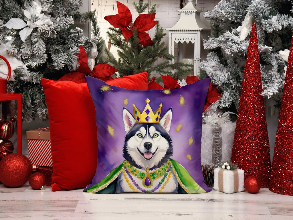 Siberian Husky King of Mardi Gras Decorative Throw Pillow 14x14 Indoor Outdoor Accent Cushion, Fabric Cover with Insert for Sofa, Bed, Porch & Living Room