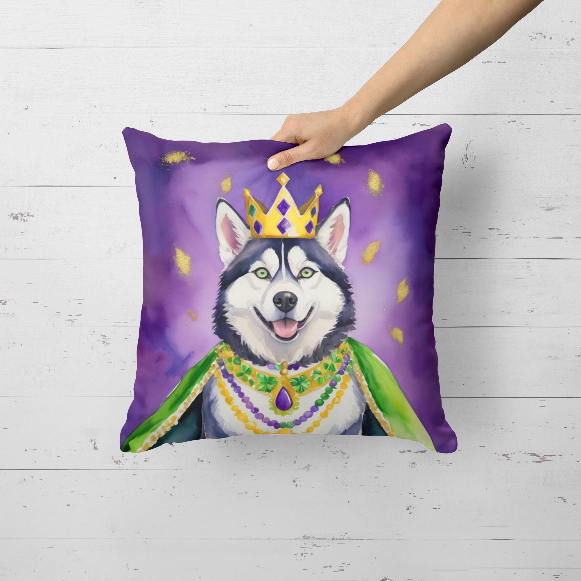Siberian Husky King of Mardi Gras Decorative Throw Pillow 18x18 Indoor Outdoor Accent Cushion, Fabric Cover with Insert for Sofa, Bed, Porch & Living Room