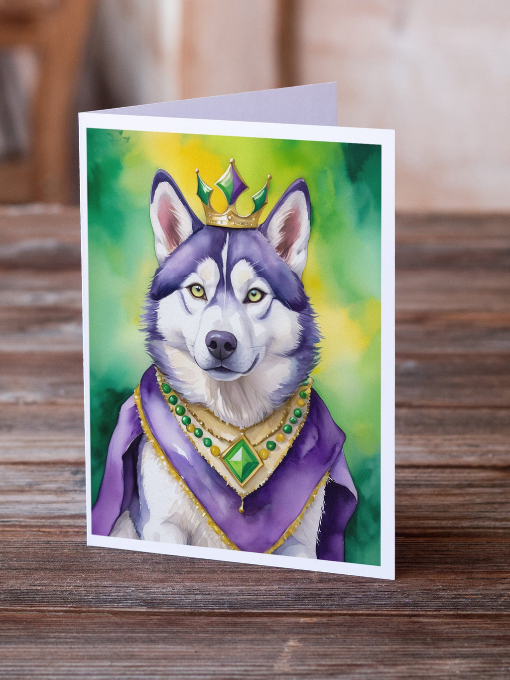 Siberian Husky King of Mardi Gras Greeting Cards Pack of 8 Blank Cards with Envelopes Whimsical A7 Size 5x7