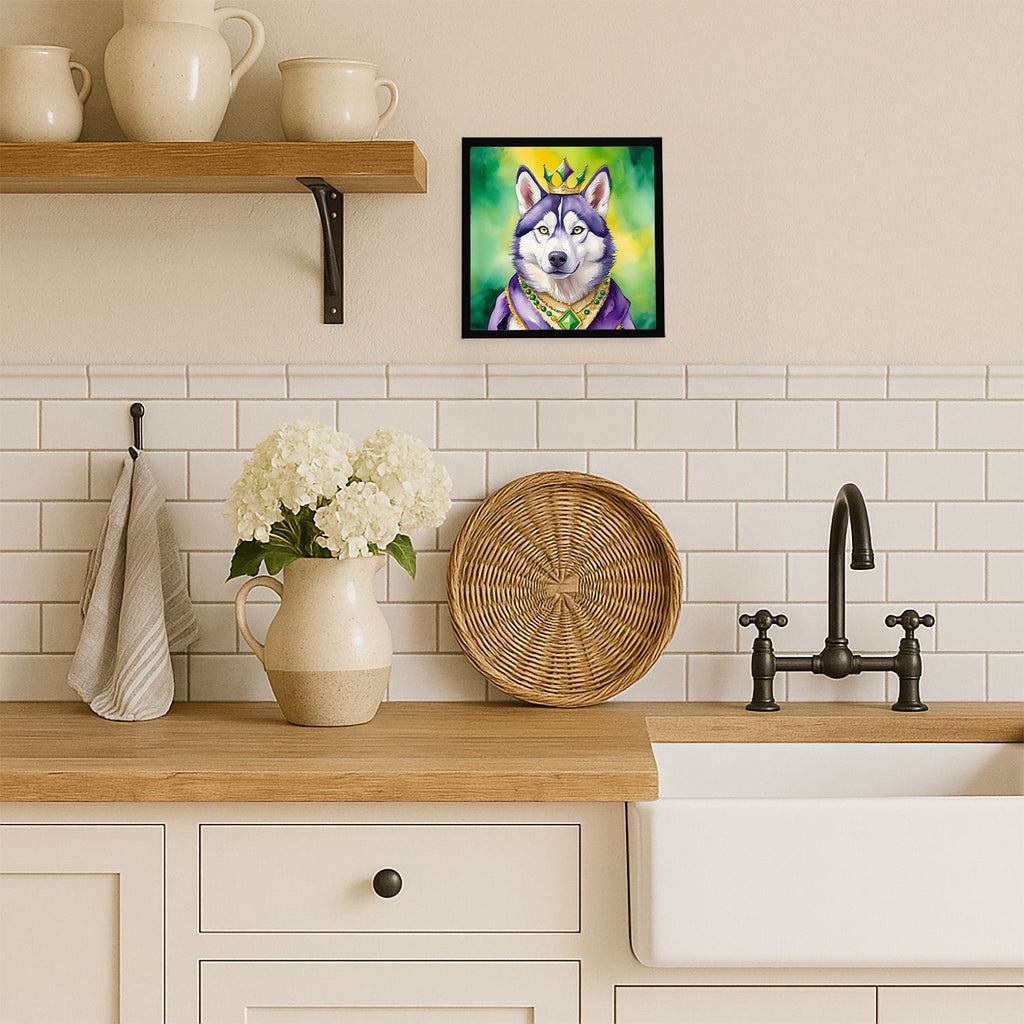 Siberian Husky King of Mardi Gras Framed Metal Print Bathroom, Kitchen, Office, Home Decor Wall Art Ready to Hang, Square, 8X8