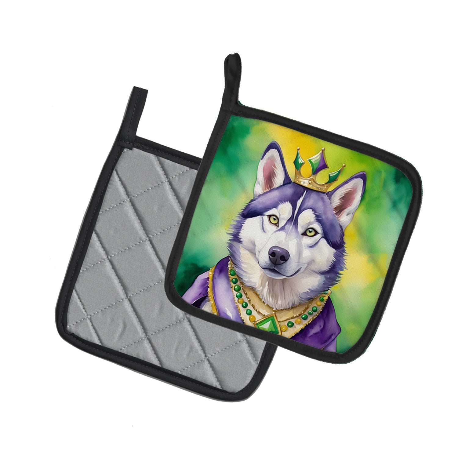 Siberian Husky King of Mardi Gras Pot Holder Set of 2 Heat Resistant Quilted Hot Pads 7.5 x 7.5 Inch, Insulated Kitchen Trivets for Cooking & Baking