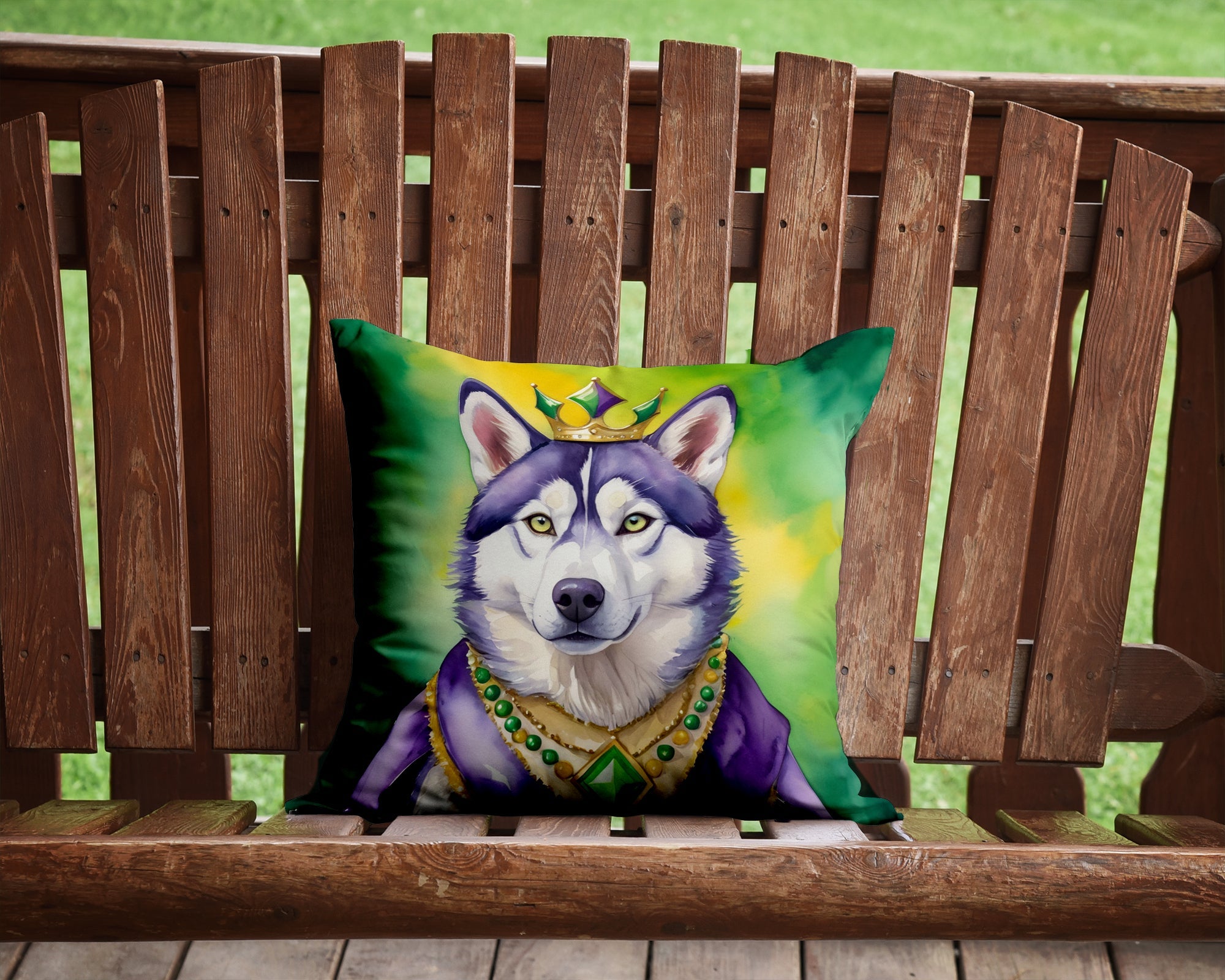Siberian Husky King of Mardi Gras Decorative Throw Pillow 14x14 Indoor Outdoor Accent Cushion, Fabric Cover with Insert for Sofa, Bed, Porch & Living Room