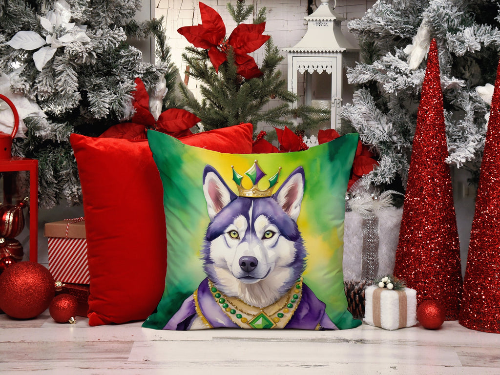 Siberian Husky King of Mardi Gras Decorative Throw Pillow 14x14 Indoor Outdoor Accent Cushion, Fabric Cover with Insert for Sofa, Bed, Porch & Living Room