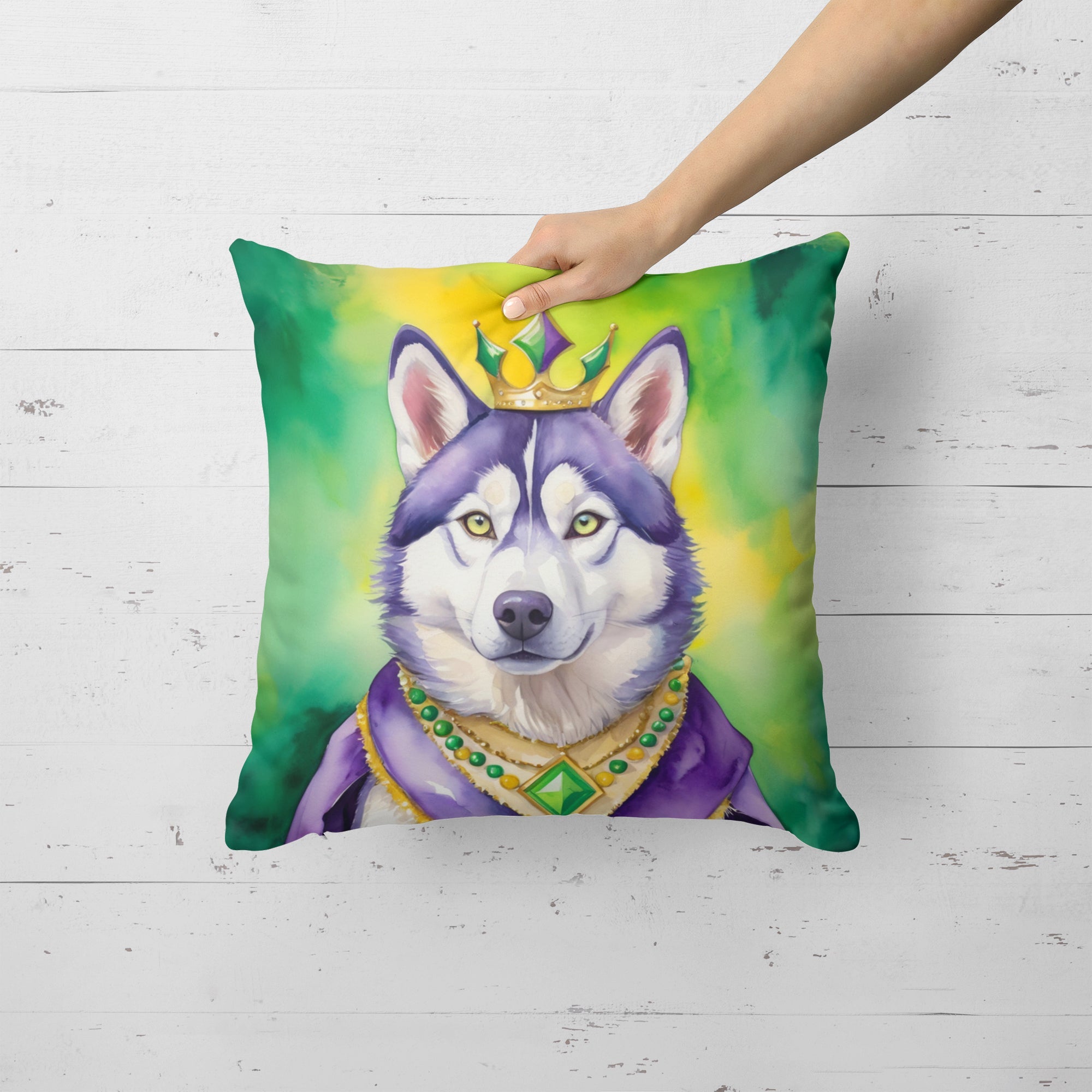 Siberian Husky King of Mardi Gras Decorative Throw Pillow 18x18 Indoor Outdoor Accent Cushion, Fabric Cover with Insert for Sofa, Bed, Porch & Living Room