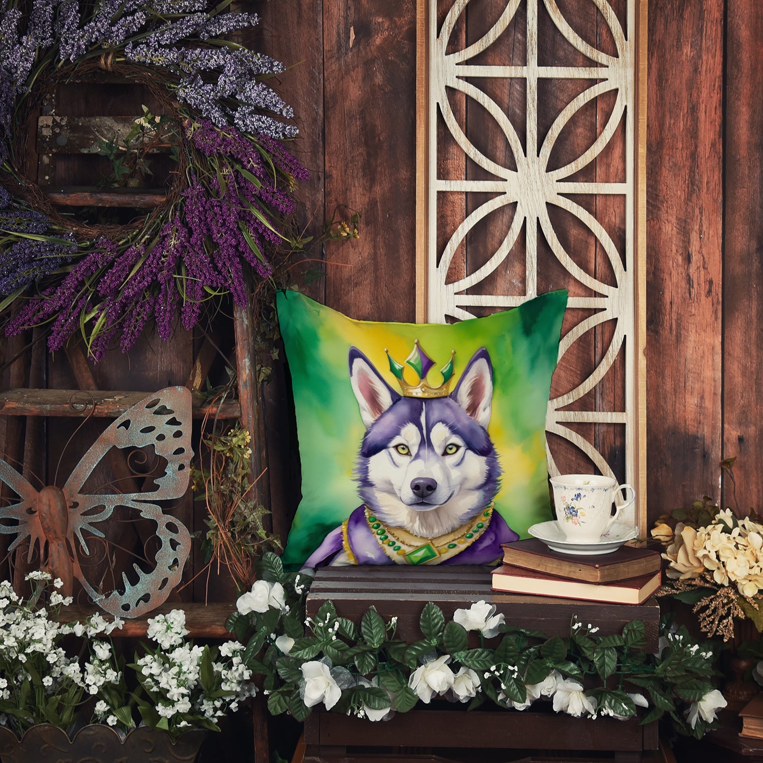 Siberian Husky King of Mardi Gras Decorative Throw Pillow 18x18 Indoor Outdoor Accent Cushion, Fabric Cover with Insert for Sofa, Bed, Porch & Living Room