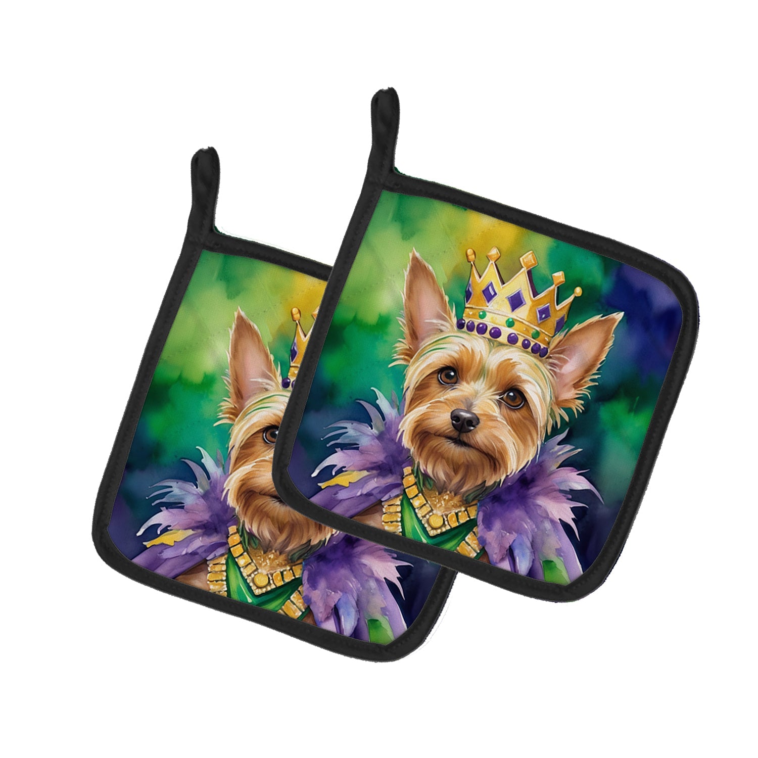 Silky Terrier King of Mardi Gras Pot Holder Set of 2 Heat Resistant Quilted Hot Pads 7.5 x 7.5 Inch, Insulated Kitchen Trivets for Cooking & Baking