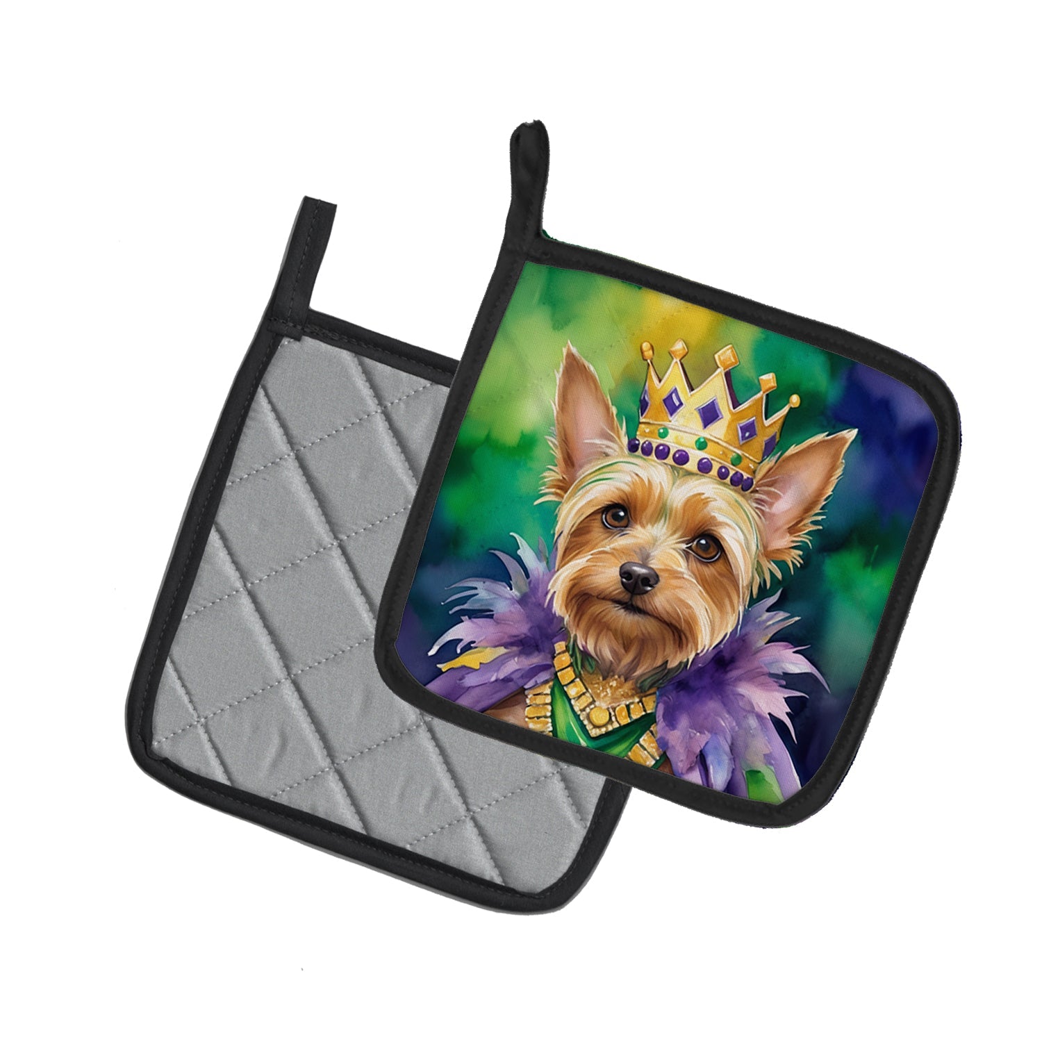 Silky Terrier King of Mardi Gras Pot Holder Set of 2 Heat Resistant Quilted Hot Pads 7.5 x 7.5 Inch, Insulated Kitchen Trivets for Cooking & Baking