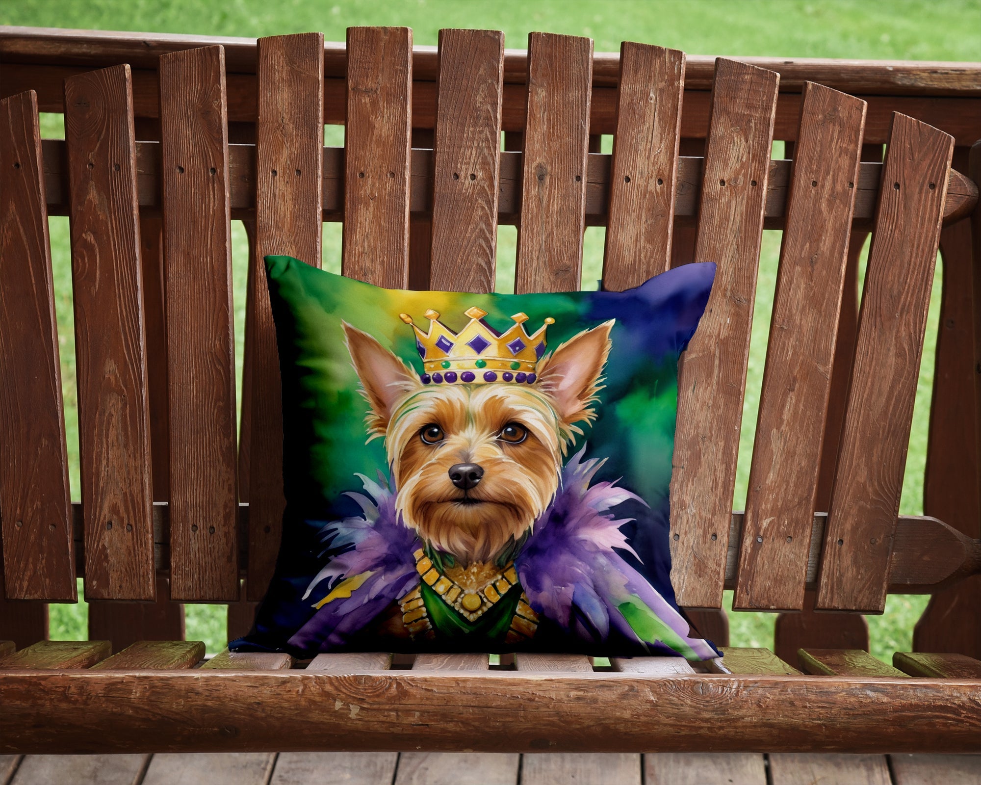 Silky Terrier King of Mardi Gras Decorative Throw Pillow 14x14 Indoor Outdoor Accent Cushion, Fabric Cover with Insert for Sofa, Bed, Porch & Living Room