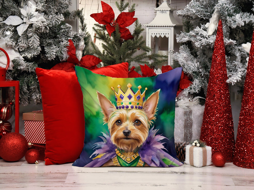 Silky Terrier King of Mardi Gras Decorative Throw Pillow 14x14 Indoor Outdoor Accent Cushion, Fabric Cover with Insert for Sofa, Bed, Porch & Living Room
