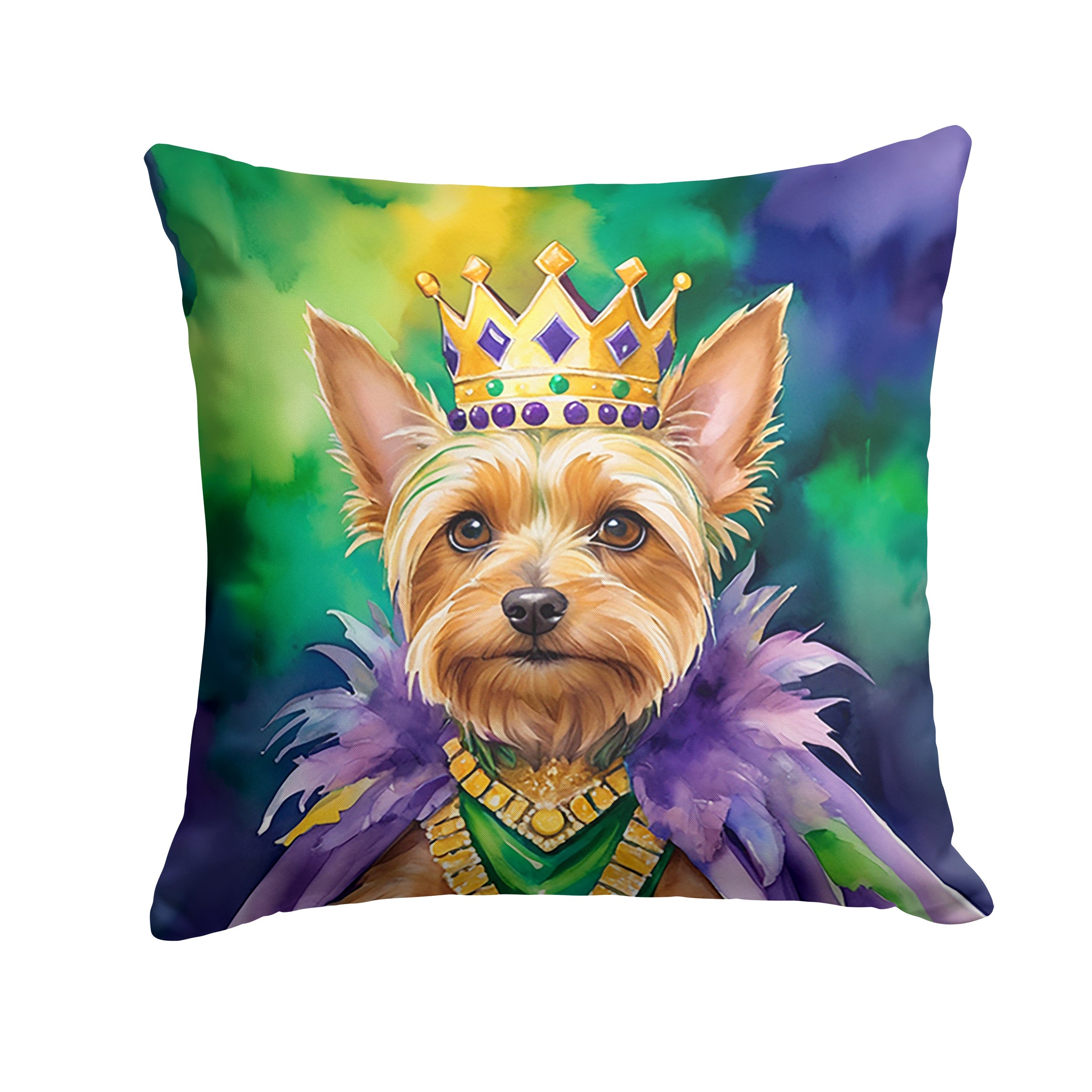 Silky Terrier King of Mardi Gras Decorative Throw Pillow 18x18 Indoor Outdoor Accent Cushion, Fabric Cover with Insert for Sofa, Bed, Porch & Living Room