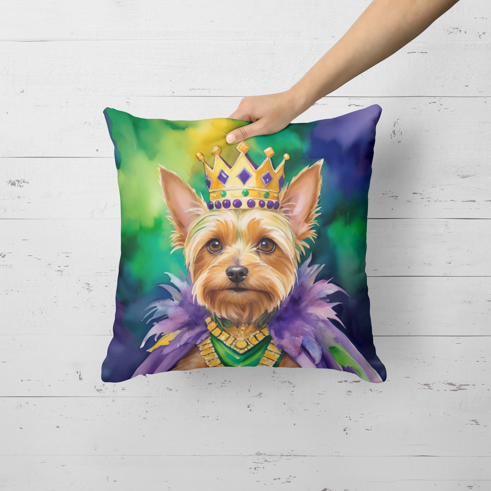 Silky Terrier King of Mardi Gras Decorative Throw Pillow 18x18 Indoor Outdoor Accent Cushion, Fabric Cover with Insert for Sofa, Bed, Porch & Living Room