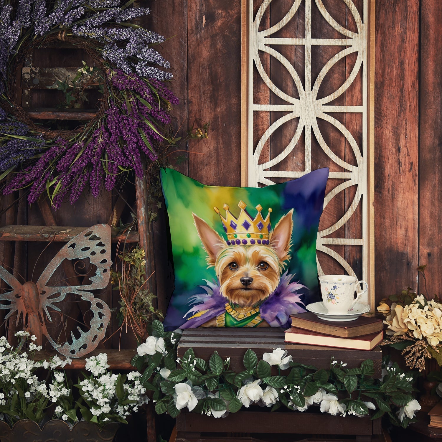 Silky Terrier King of Mardi Gras Decorative Throw Pillow 18x18 Indoor Outdoor Accent Cushion, Fabric Cover with Insert for Sofa, Bed, Porch & Living Room