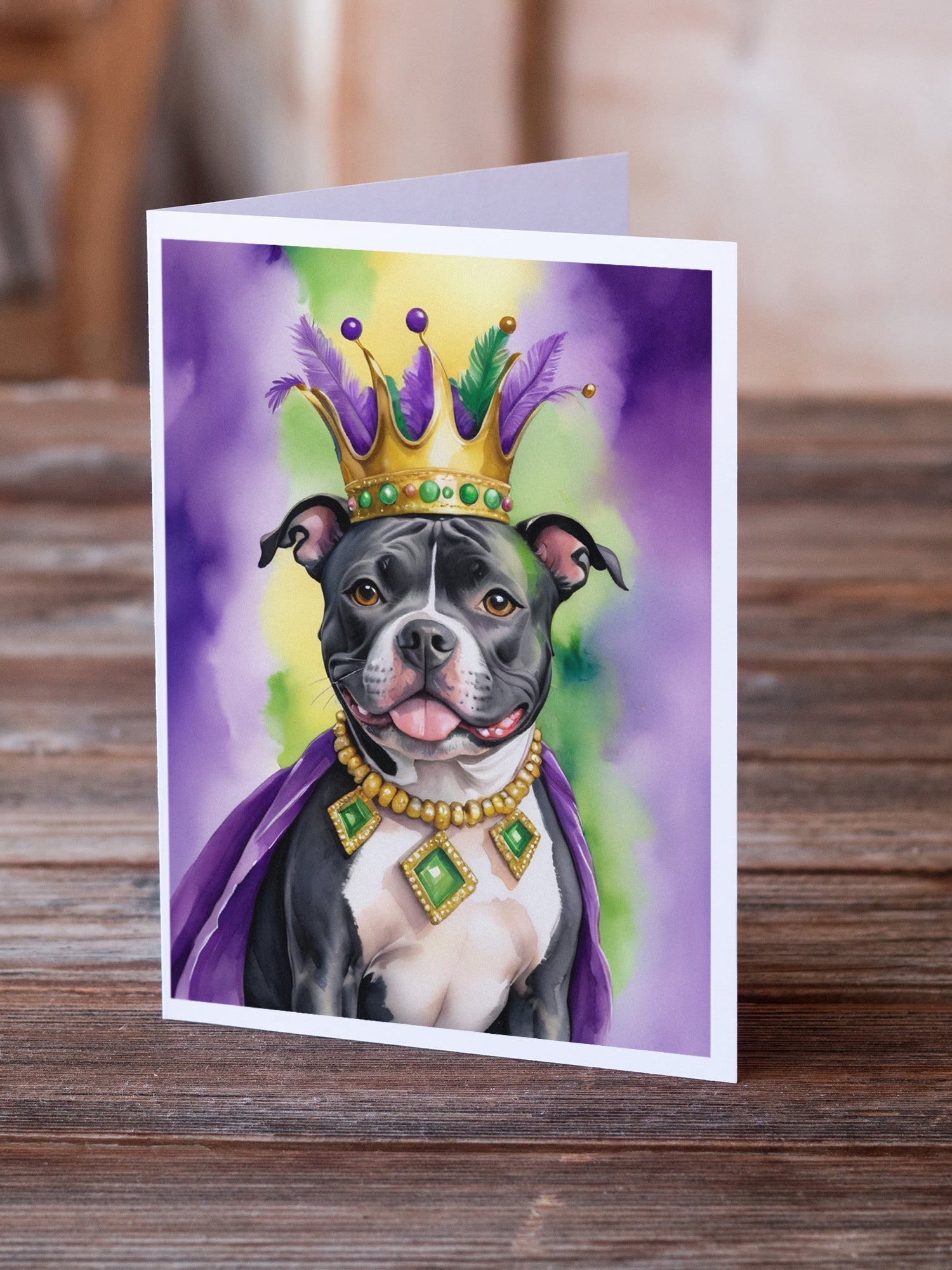 Staffordshire Bull Terrier King of Mardi Gras Greeting Cards Pack of 8 Blank Cards with Envelopes Whimsical A7 Size 5x7