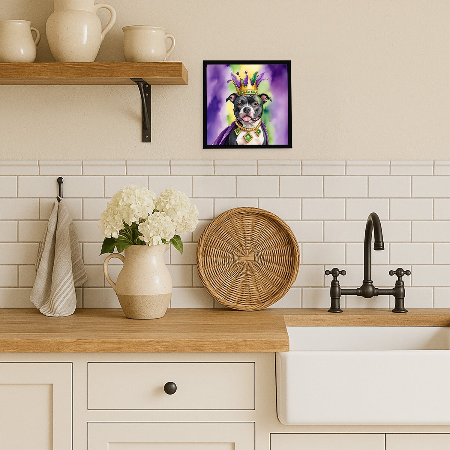 Staffordshire Bull Terrier King of Mardi Gras Framed Metal Print Bathroom, Kitchen, Office, Home Decor Wall Art Ready to Hang, Square, 8X8