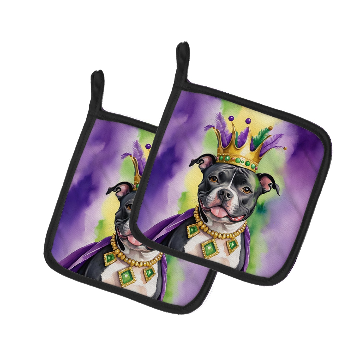 Staffordshire Bull Terrier King of Mardi Gras Pot Holder Set of 2 Heat Resistant Quilted Hot Pads 7.5 x 7.5 Inch, Insulated Kitchen Trivets for Cooking & Baking