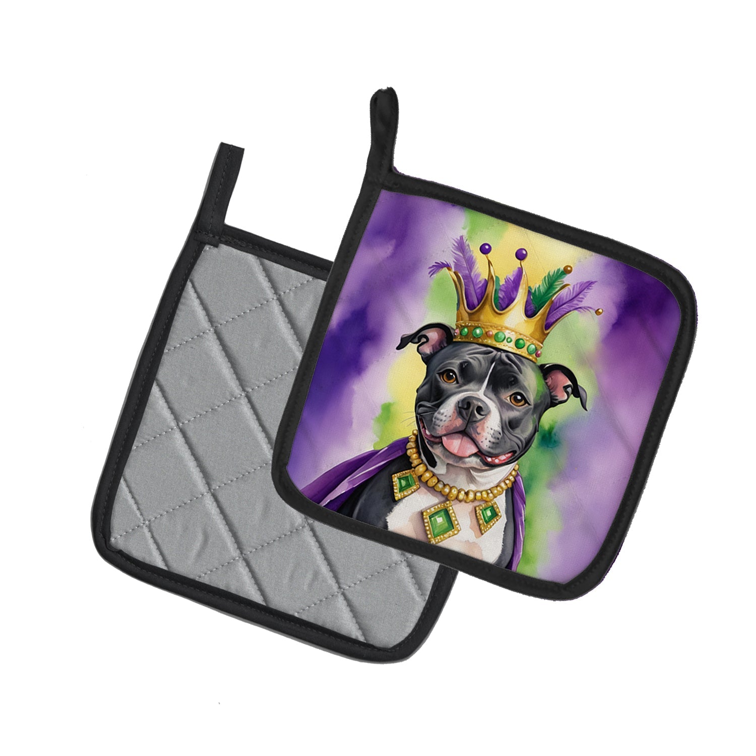 Staffordshire Bull Terrier King of Mardi Gras Pot Holder Set of 2 Heat Resistant Quilted Hot Pads 7.5 x 7.5 Inch, Insulated Kitchen Trivets for Cooking & Baking