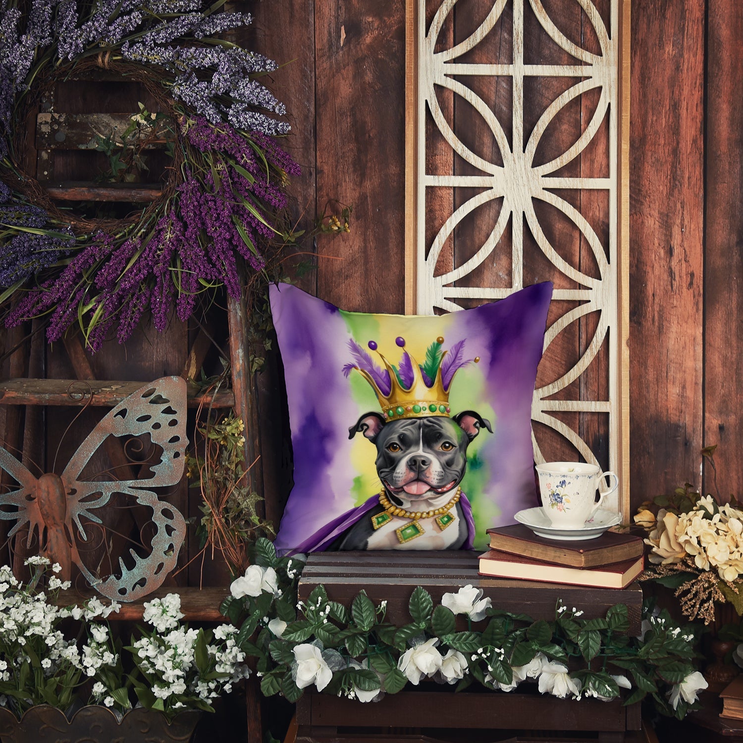 Staffordshire Bull Terrier King of Mardi Gras Decorative Throw Pillow 14x14 Indoor Outdoor Accent Cushion, Fabric Cover with Insert for Sofa, Bed, Porch & Living Room