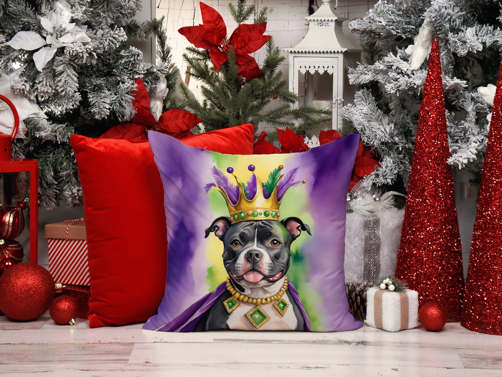 Staffordshire Bull Terrier King of Mardi Gras Decorative Throw Pillow 18x18 Indoor Outdoor Accent Cushion, Fabric Cover with Insert for Sofa, Bed, Porch & Living Room