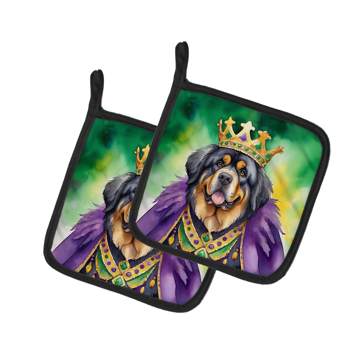 Tibetan Mastiff King of Mardi Gras Pot Holder Set of 2 Heat Resistant Quilted Hot Pads 7.5 x 7.5 Inch, Insulated Kitchen Trivets for Cooking & Baking