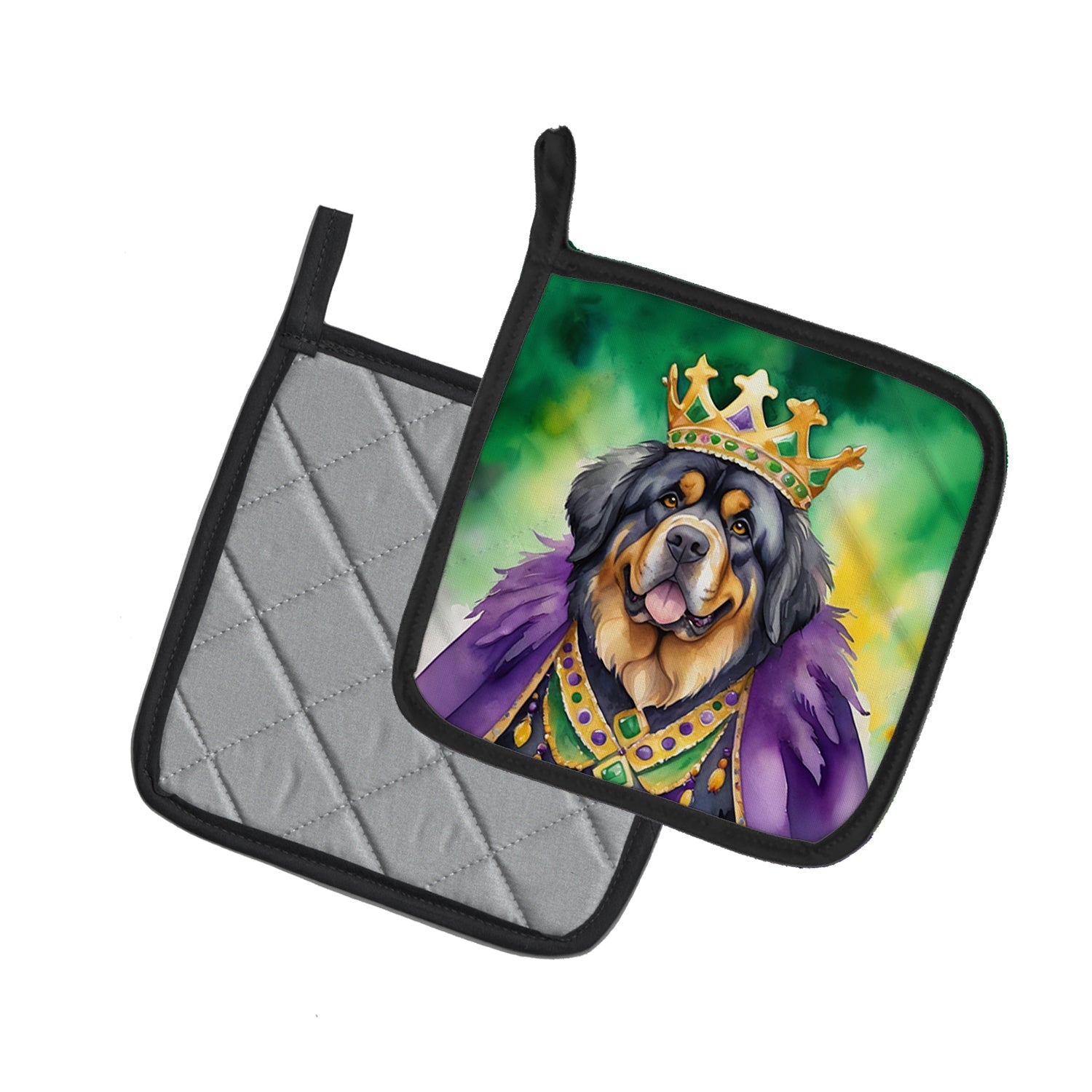 Tibetan Mastiff King of Mardi Gras Pot Holder Set of 2 Heat Resistant Quilted Hot Pads 7.5 x 7.5 Inch, Insulated Kitchen Trivets for Cooking & Baking