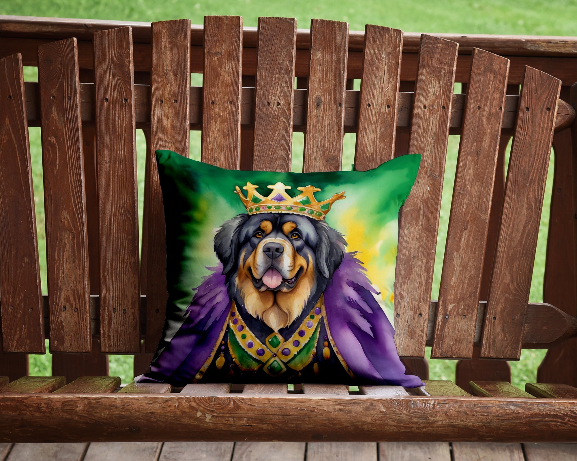 Tibetan Mastiff King of Mardi Gras Decorative Throw Pillow 14x14 Indoor Outdoor Accent Cushion, Fabric Cover with Insert for Sofa, Bed, Porch & Living Room