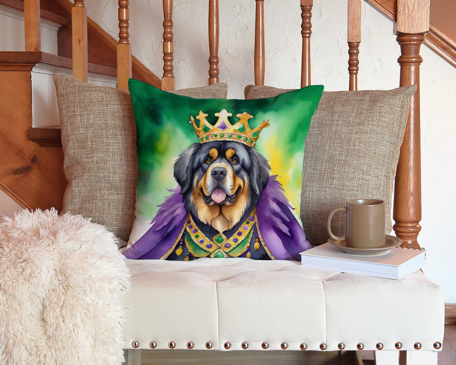 Tibetan Mastiff King of Mardi Gras Decorative Throw Pillow 14x14 Indoor Outdoor Accent Cushion, Fabric Cover with Insert for Sofa, Bed, Porch & Living Room