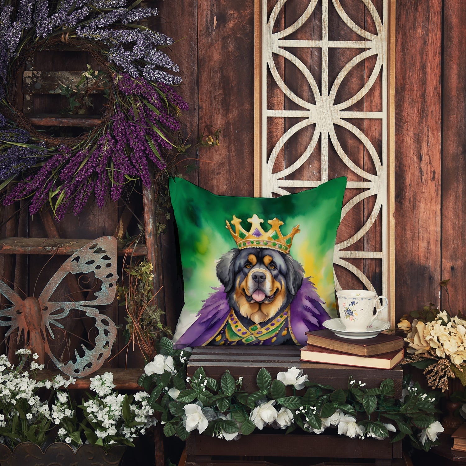 Tibetan Mastiff King of Mardi Gras Decorative Throw Pillow 14x14 Indoor Outdoor Accent Cushion, Fabric Cover with Insert for Sofa, Bed, Porch & Living Room