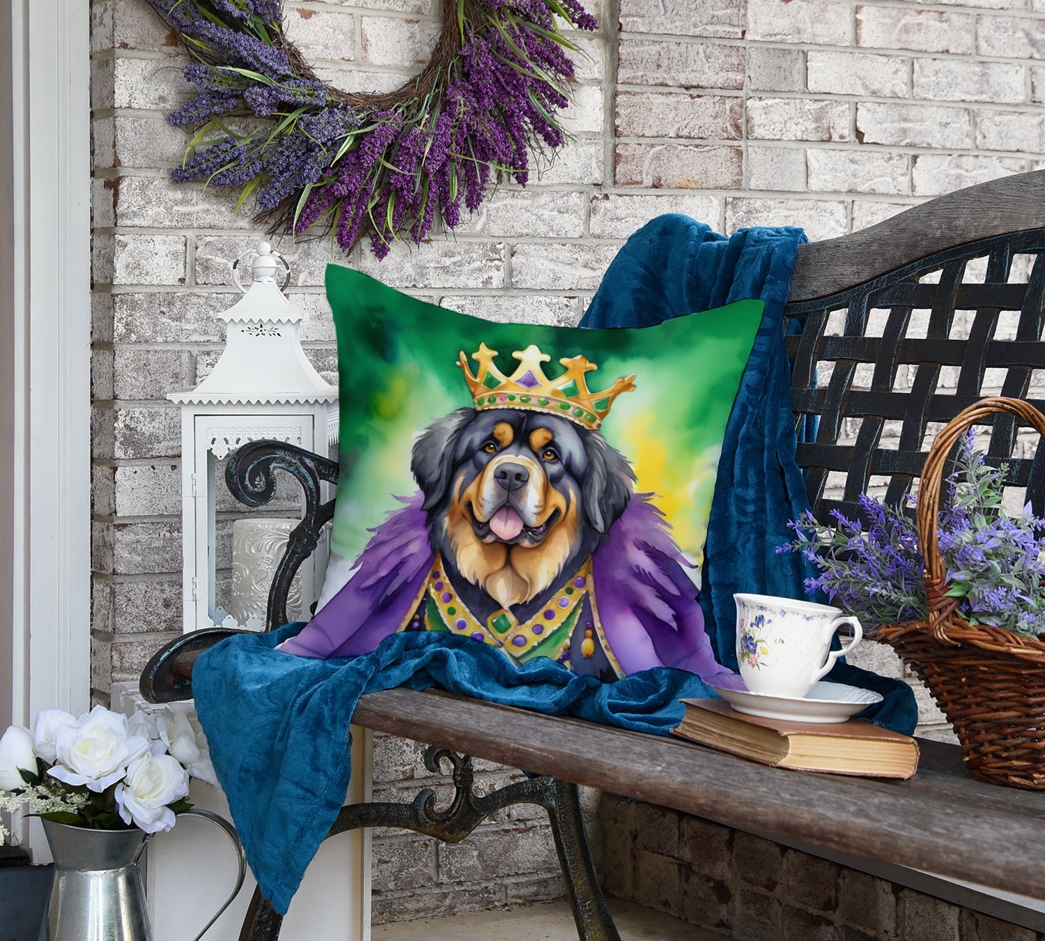 Tibetan Mastiff King of Mardi Gras Decorative Throw Pillow 18x18 Indoor Outdoor Accent Cushion, Fabric Cover with Insert for Sofa, Bed, Porch & Living Room