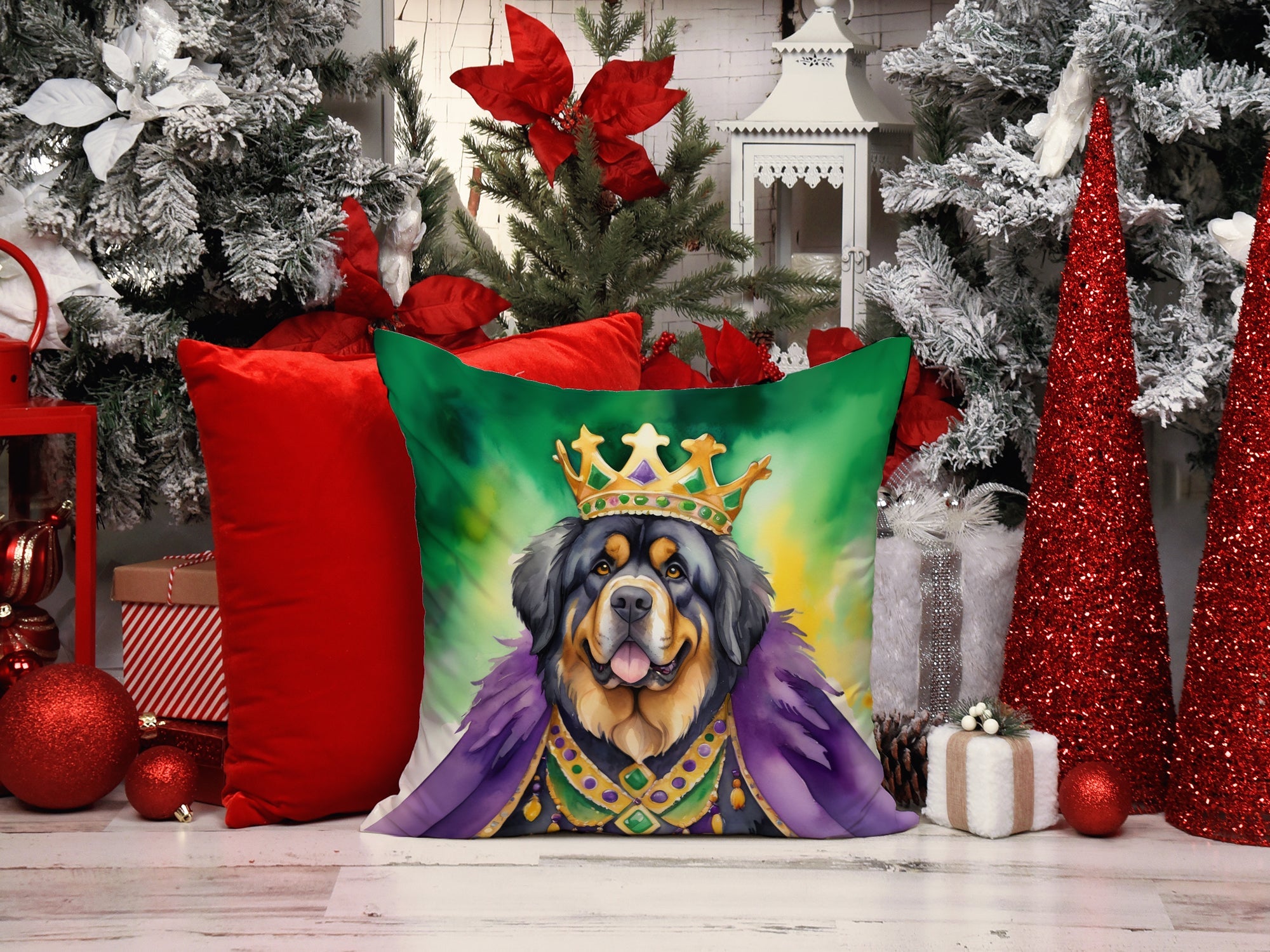 Tibetan Mastiff King of Mardi Gras Decorative Throw Pillow 18x18 Indoor Outdoor Accent Cushion, Fabric Cover with Insert for Sofa, Bed, Porch & Living Room