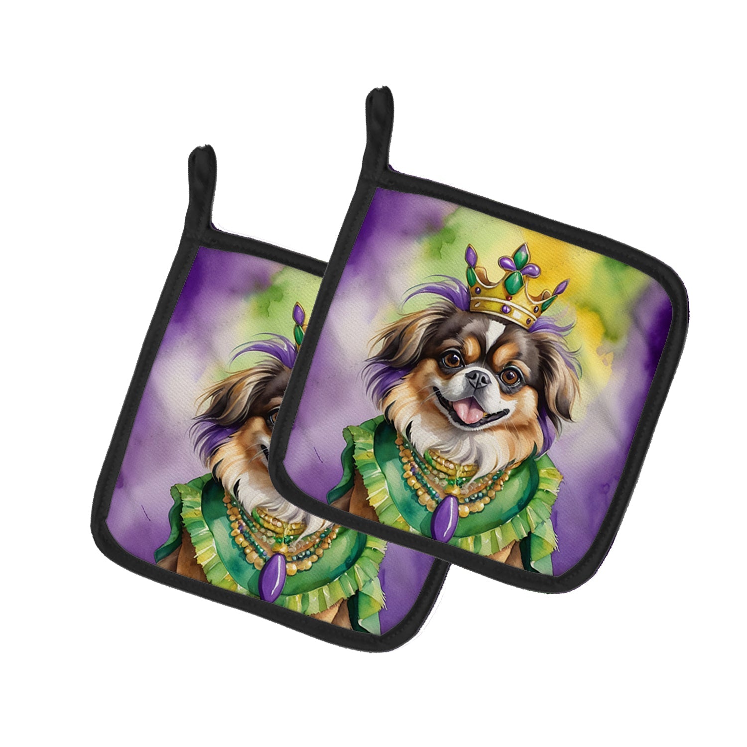 Tibetan Spaniel King of Mardi Gras Pot Holder Set of 2 Heat Resistant Quilted Hot Pads 7.5 x 7.5 Inch, Insulated Kitchen Trivets for Cooking & Baking