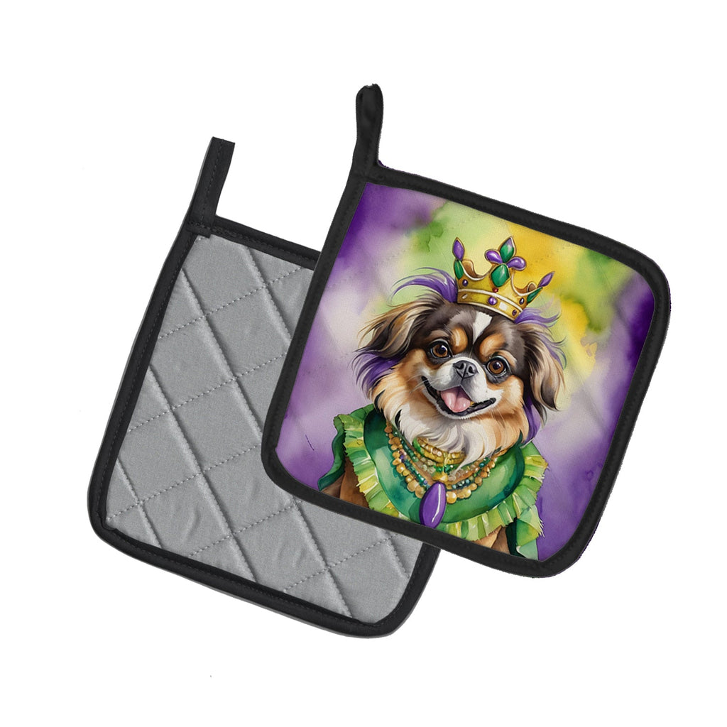 Tibetan Spaniel King of Mardi Gras Pot Holder Set of 2 Heat Resistant Quilted Hot Pads 7.5 x 7.5 Inch, Insulated Kitchen Trivets for Cooking & Baking