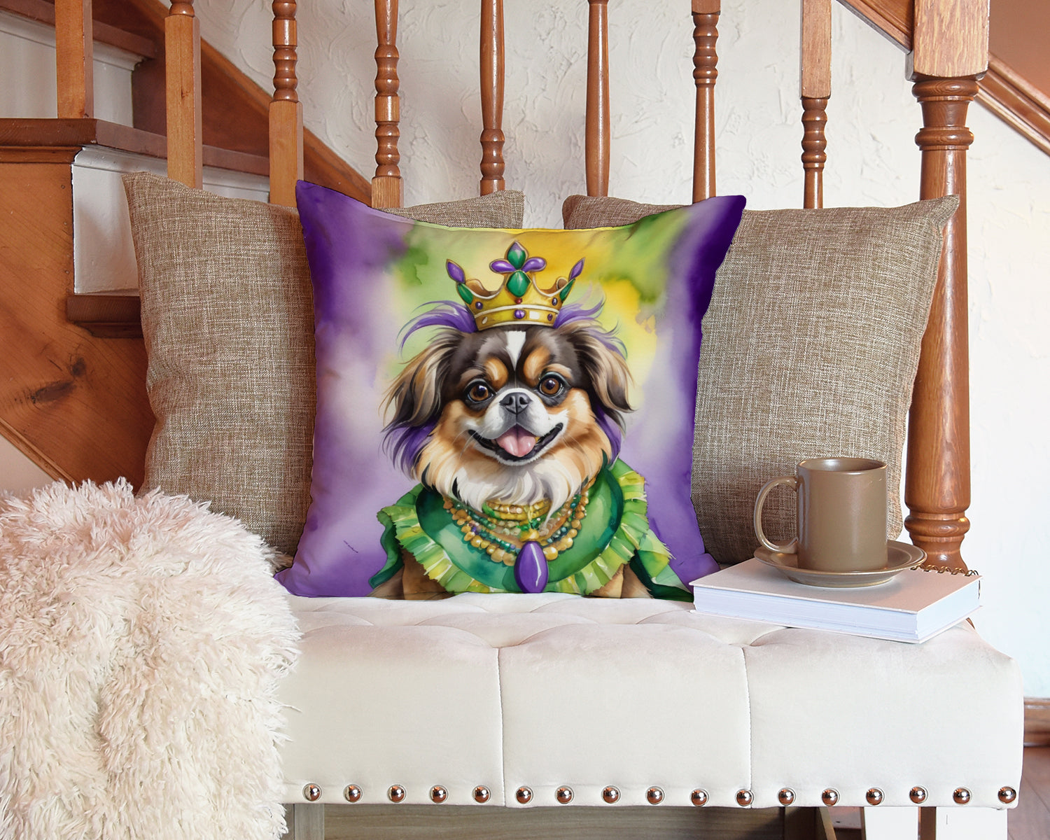 Tibetan Spaniel King of Mardi Gras Decorative Throw Pillow 14x14 Indoor Outdoor Accent Cushion, Fabric Cover with Insert for Sofa, Bed, Porch & Living Room