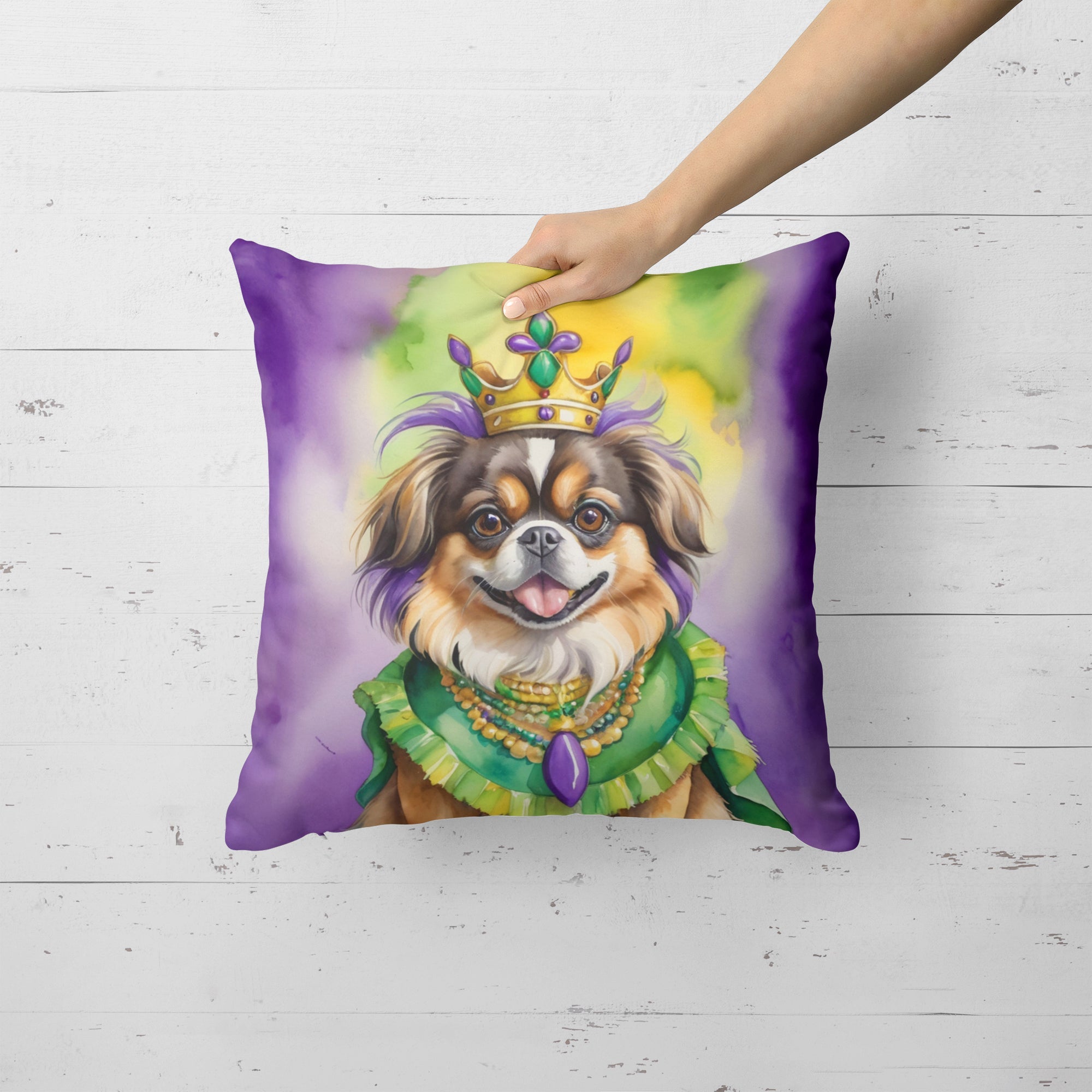 Tibetan Spaniel King of Mardi Gras Decorative Throw Pillow 18x18 Indoor Outdoor Accent Cushion, Fabric Cover with Insert for Sofa, Bed, Porch & Living Room