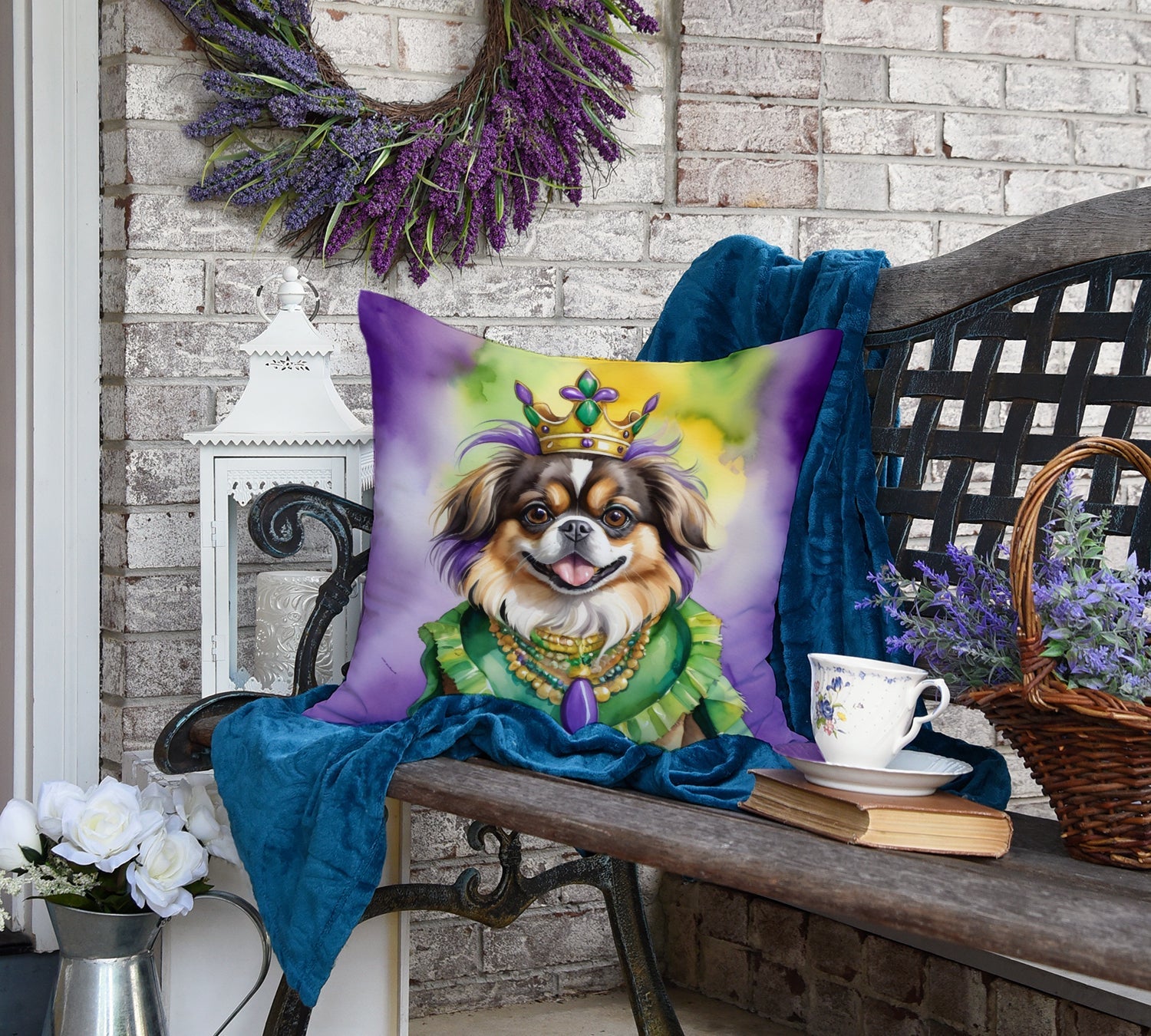 Tibetan Spaniel King of Mardi Gras Decorative Throw Pillow 18x18 Indoor Outdoor Accent Cushion, Fabric Cover with Insert for Sofa, Bed, Porch & Living Room