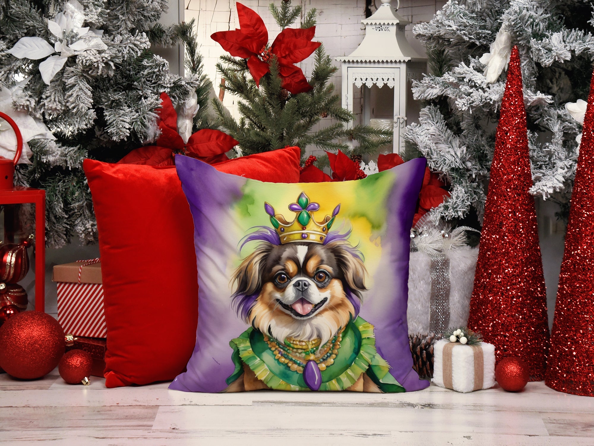 Tibetan Spaniel King of Mardi Gras Decorative Throw Pillow 18x18 Indoor Outdoor Accent Cushion, Fabric Cover with Insert for Sofa, Bed, Porch & Living Room