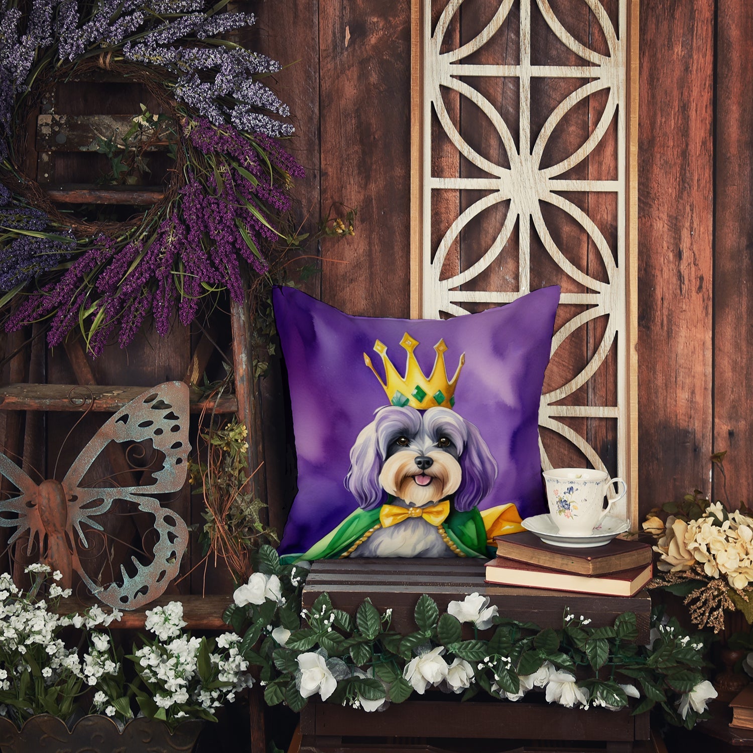 Tibetan Terrier King of Mardi Gras Decorative Throw Pillow 14x14 Indoor Outdoor Accent Cushion, Fabric Cover with Insert for Sofa, Bed, Porch & Living Room