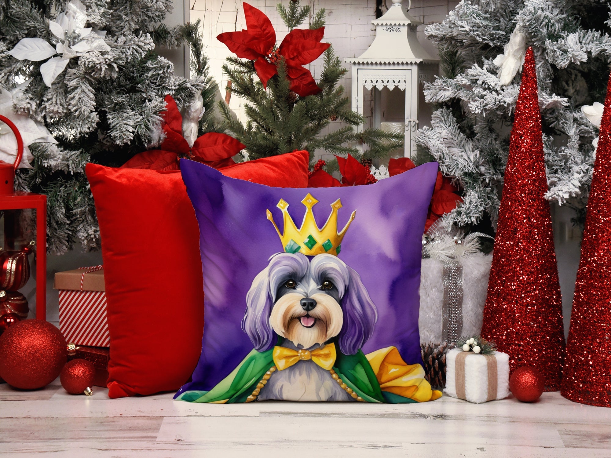 Tibetan Terrier King of Mardi Gras Decorative Throw Pillow 14x14 Indoor Outdoor Accent Cushion, Fabric Cover with Insert for Sofa, Bed, Porch & Living Room