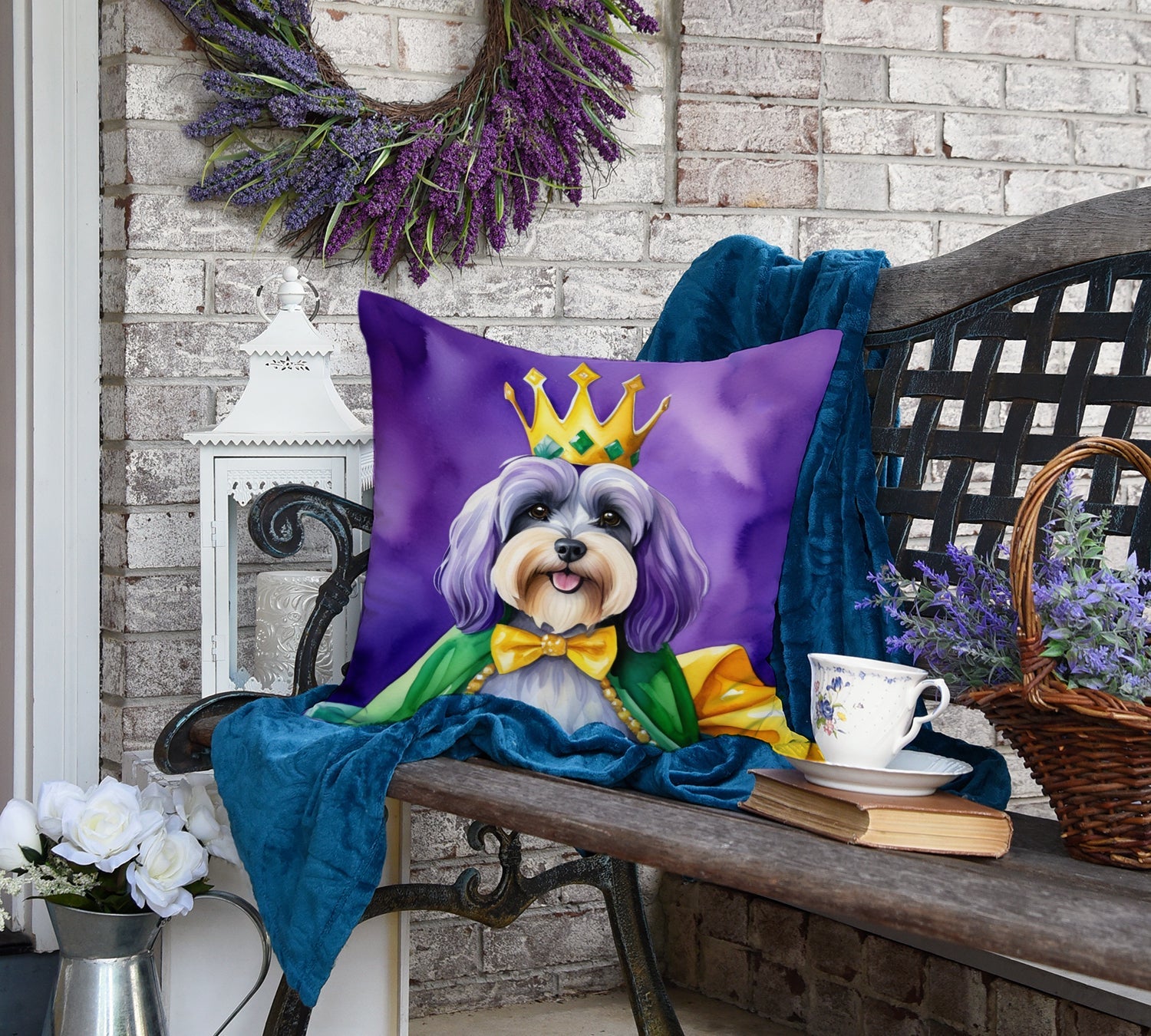 Tibetan Terrier King of Mardi Gras Decorative Throw Pillow 18x18 Indoor Outdoor Accent Cushion, Fabric Cover with Insert for Sofa, Bed, Porch & Living Room