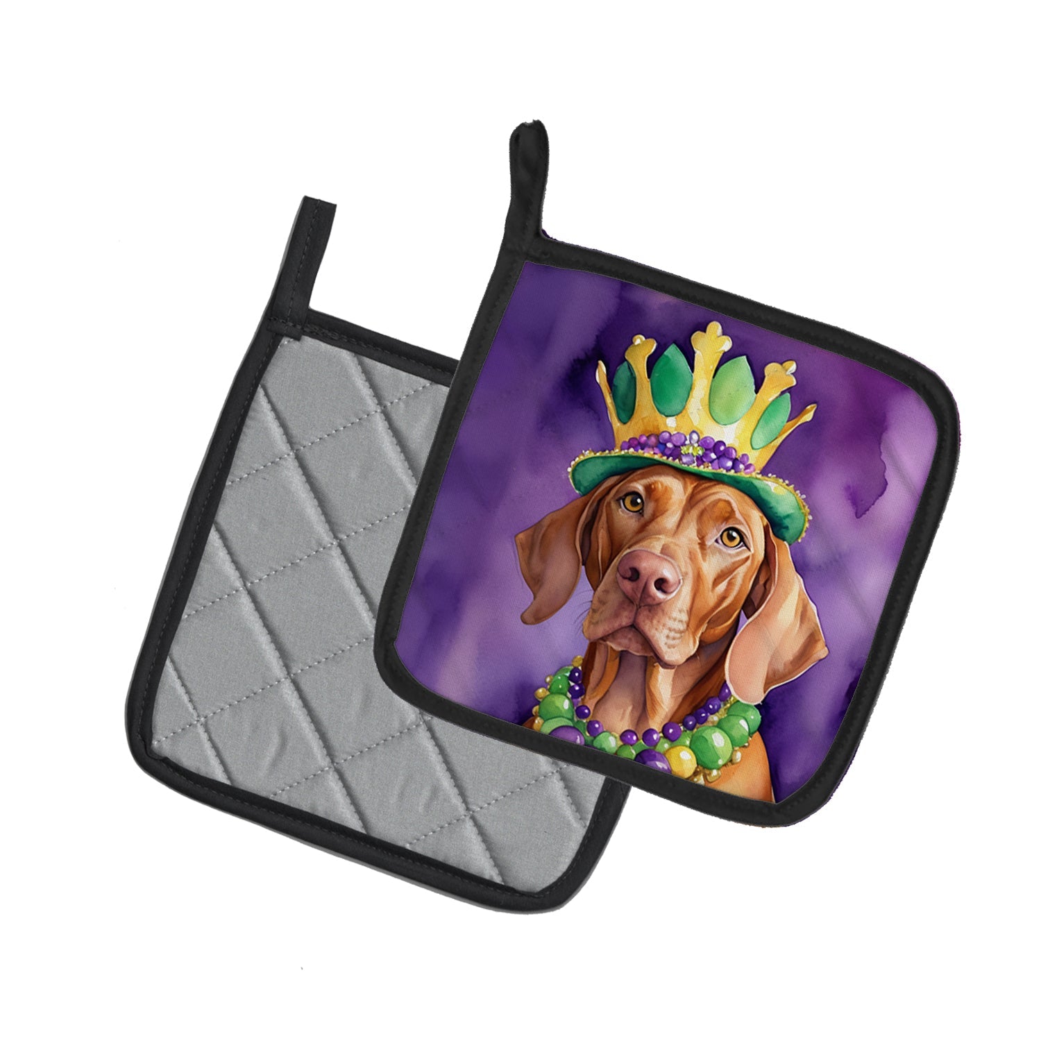 Vizsla King of Mardi Gras Pot Holder Set of 2 Heat Resistant Quilted Hot Pads 7.5 x 7.5 Inch, Insulated Kitchen Trivets for Cooking & Baking