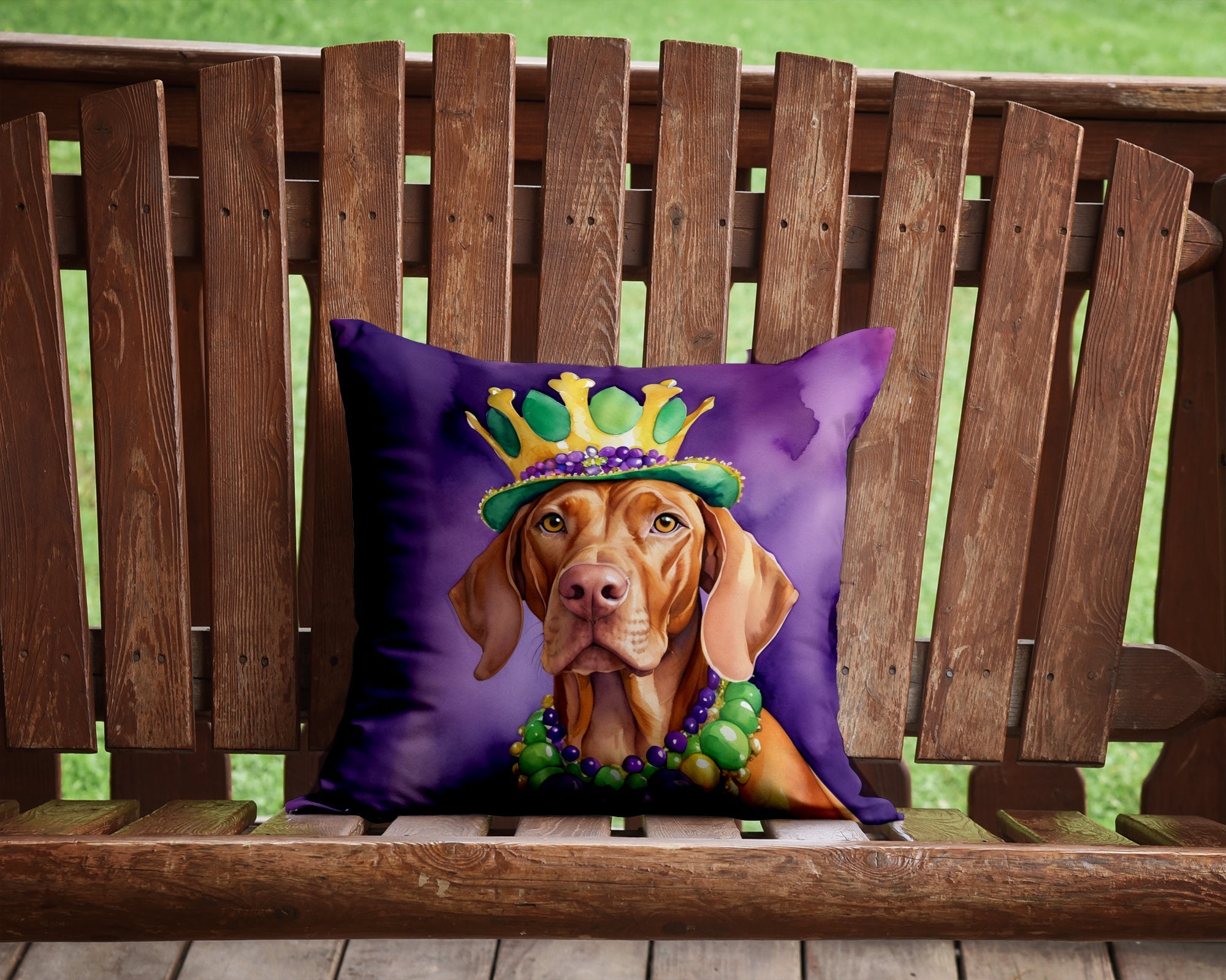 Vizsla King of Mardi Gras Decorative Throw Pillow 14x14 Indoor Outdoor Accent Cushion, Fabric Cover with Insert for Sofa, Bed, Porch & Living Room