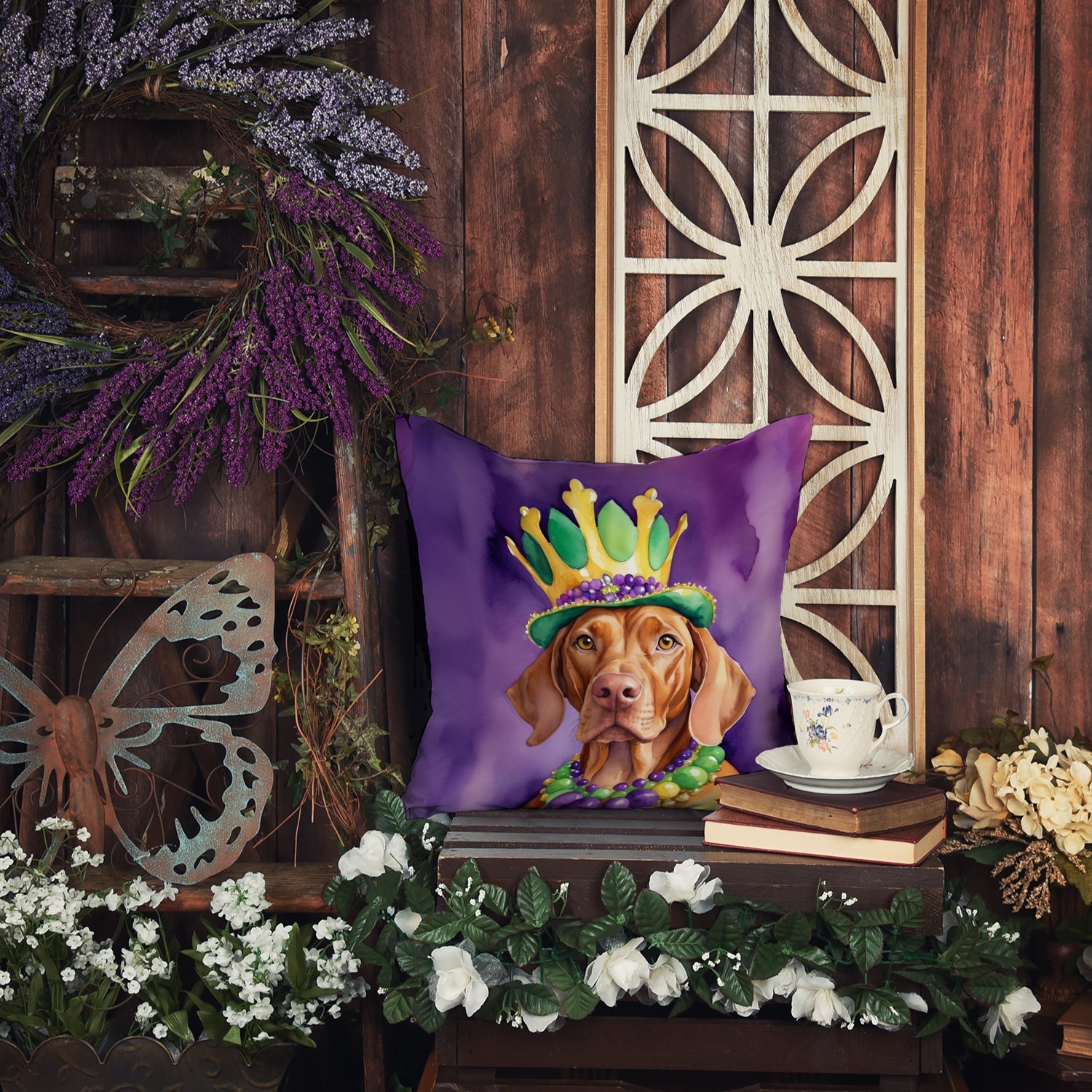 Vizsla King of Mardi Gras Decorative Throw Pillow 14x14 Indoor Outdoor Accent Cushion, Fabric Cover with Insert for Sofa, Bed, Porch & Living Room