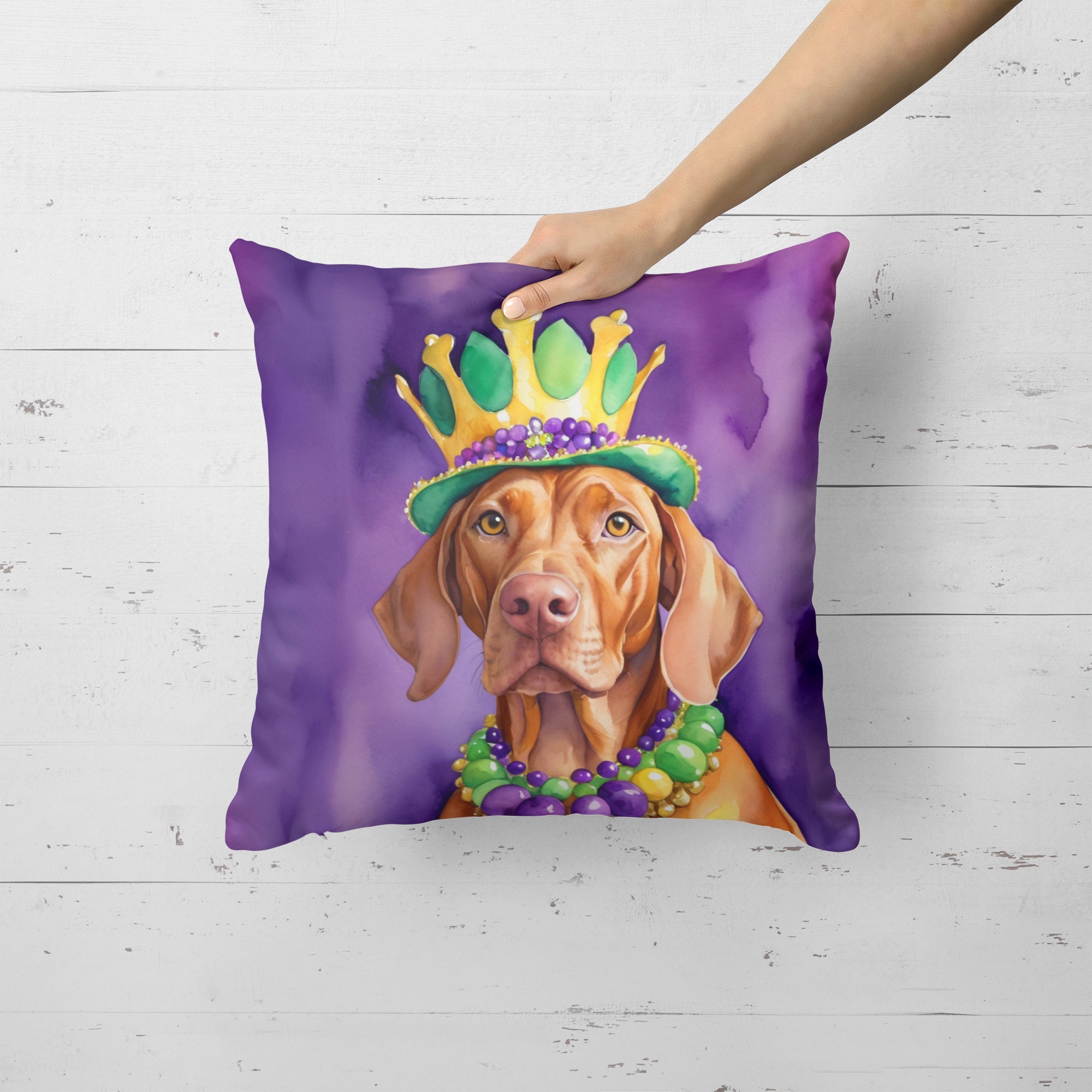 Vizsla King of Mardi Gras Decorative Throw Pillow 18x18 Indoor Outdoor Accent Cushion, Fabric Cover with Insert for Sofa, Bed, Porch & Living Room