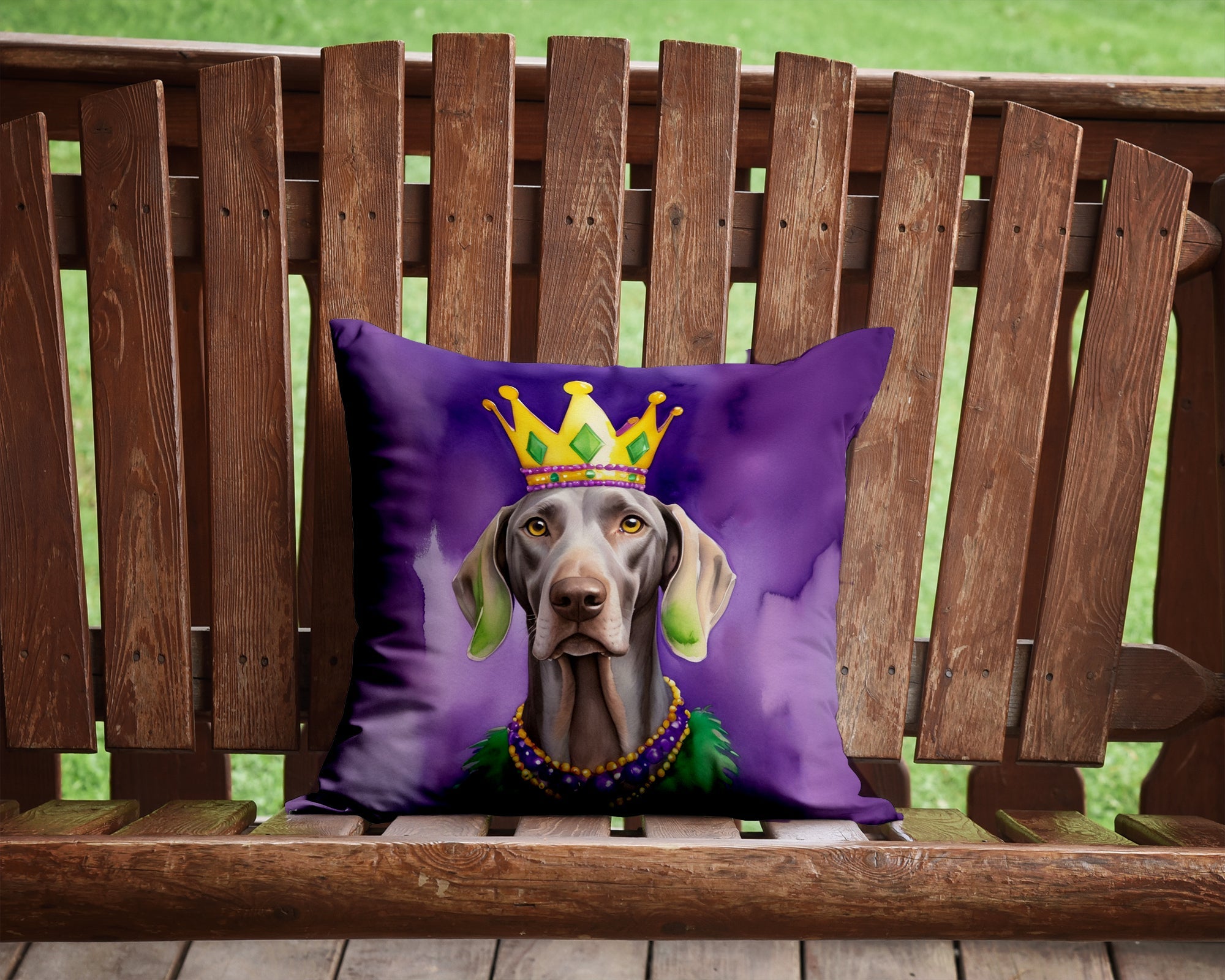 Weimaraner King of Mardi Gras Decorative Throw Pillow 14x14 Indoor Outdoor Accent Cushion, Fabric Cover with Insert for Sofa, Bed, Porch & Living Room