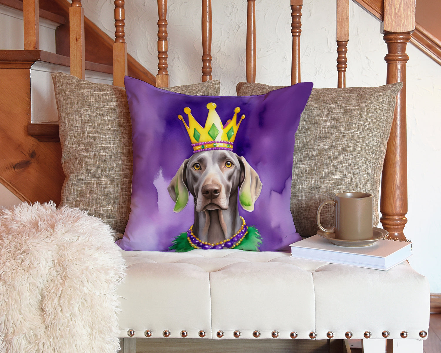 Weimaraner King of Mardi Gras Decorative Throw Pillow 14x14 Indoor Outdoor Accent Cushion, Fabric Cover with Insert for Sofa, Bed, Porch & Living Room